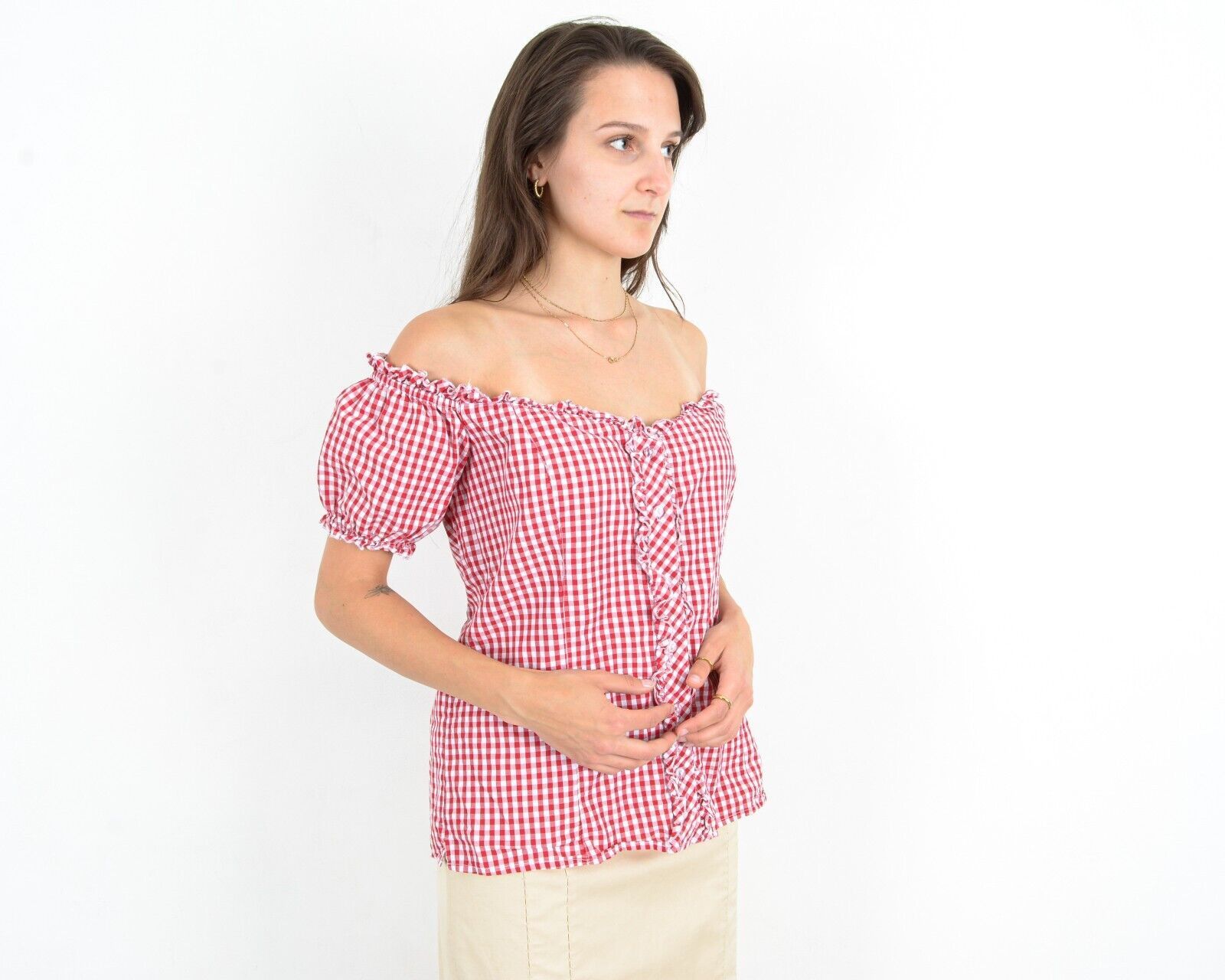 Other × Vintage Checked Bavarian Top Blouse Shirt Plaid Of The Shoulder Size M / US 6-8 / IT 42-44 - 2 Thumbnail