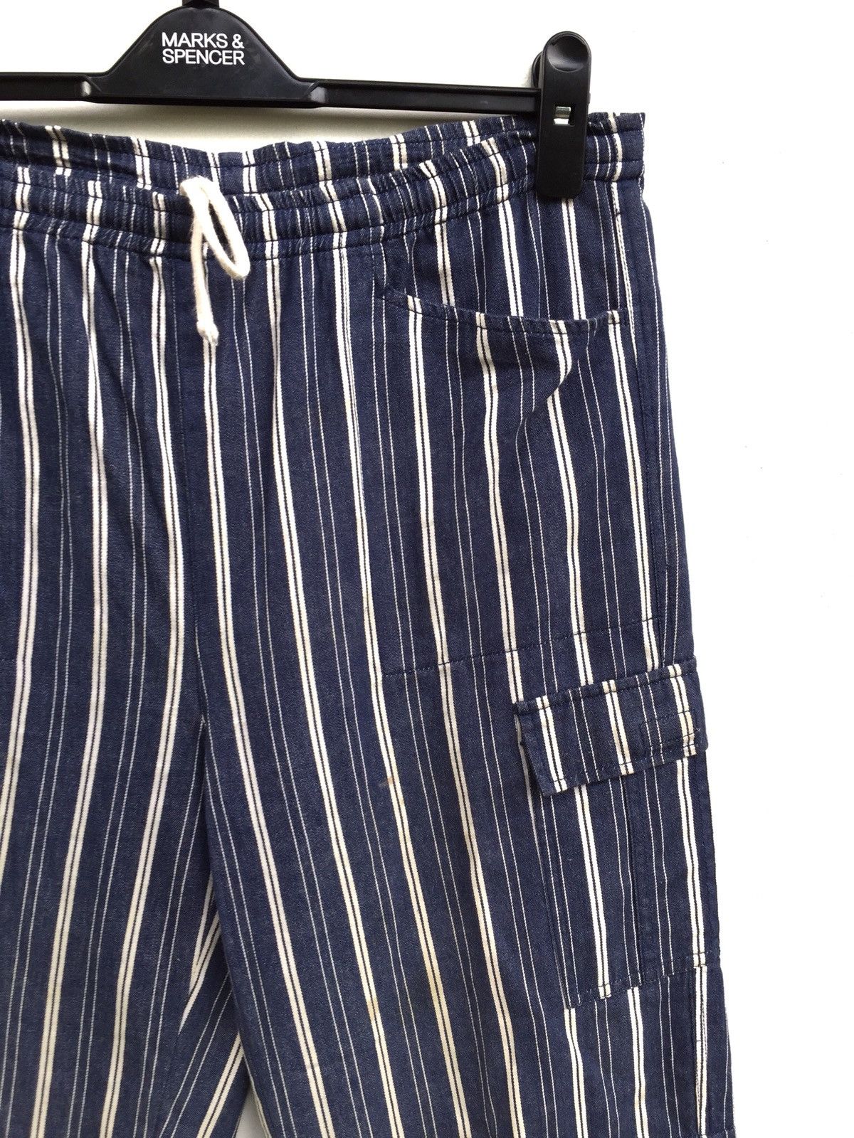 image of Indigo Heartcoil Drawstring Cargo Pants Minimalist in Striped, Men's (Size 32)