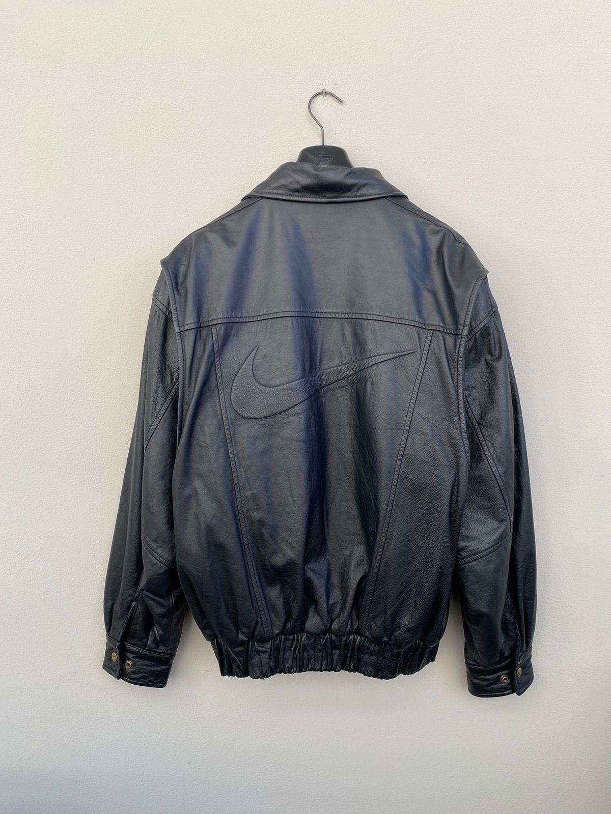 Pre-owned Leather Jacket X Nike Ultra Vintage Nike Big Swoosh Leather Bomber In Black
