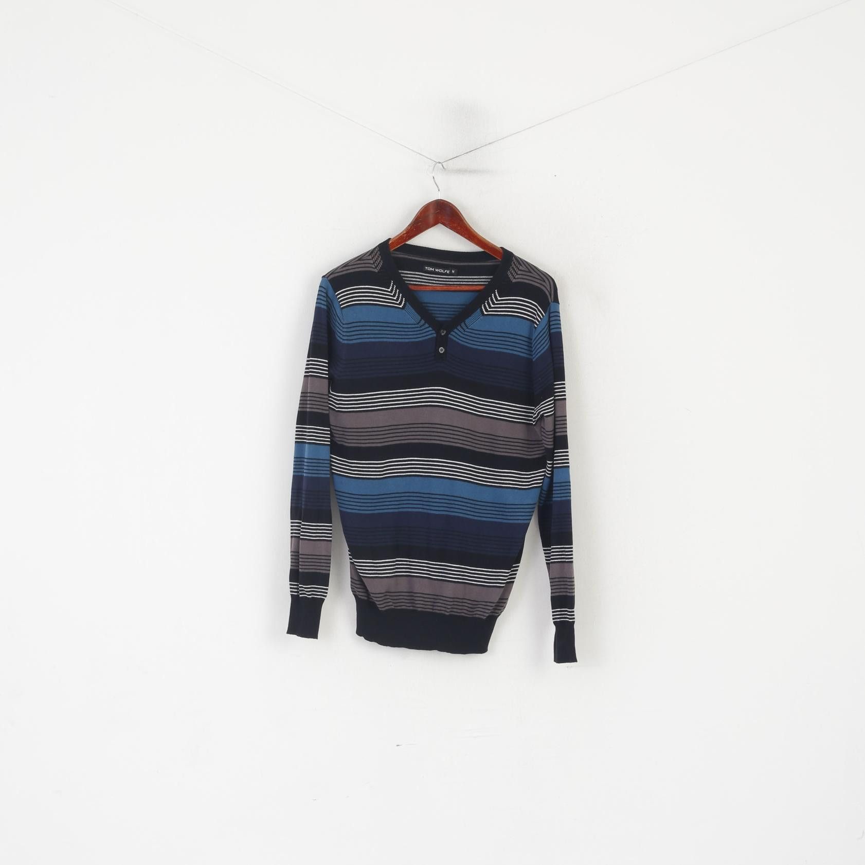 Vintage Tom Wolfe Men M Jumper Black Blue Striped 8500 Size US M / EU 48-50 / 2 - 1 Thumbnail