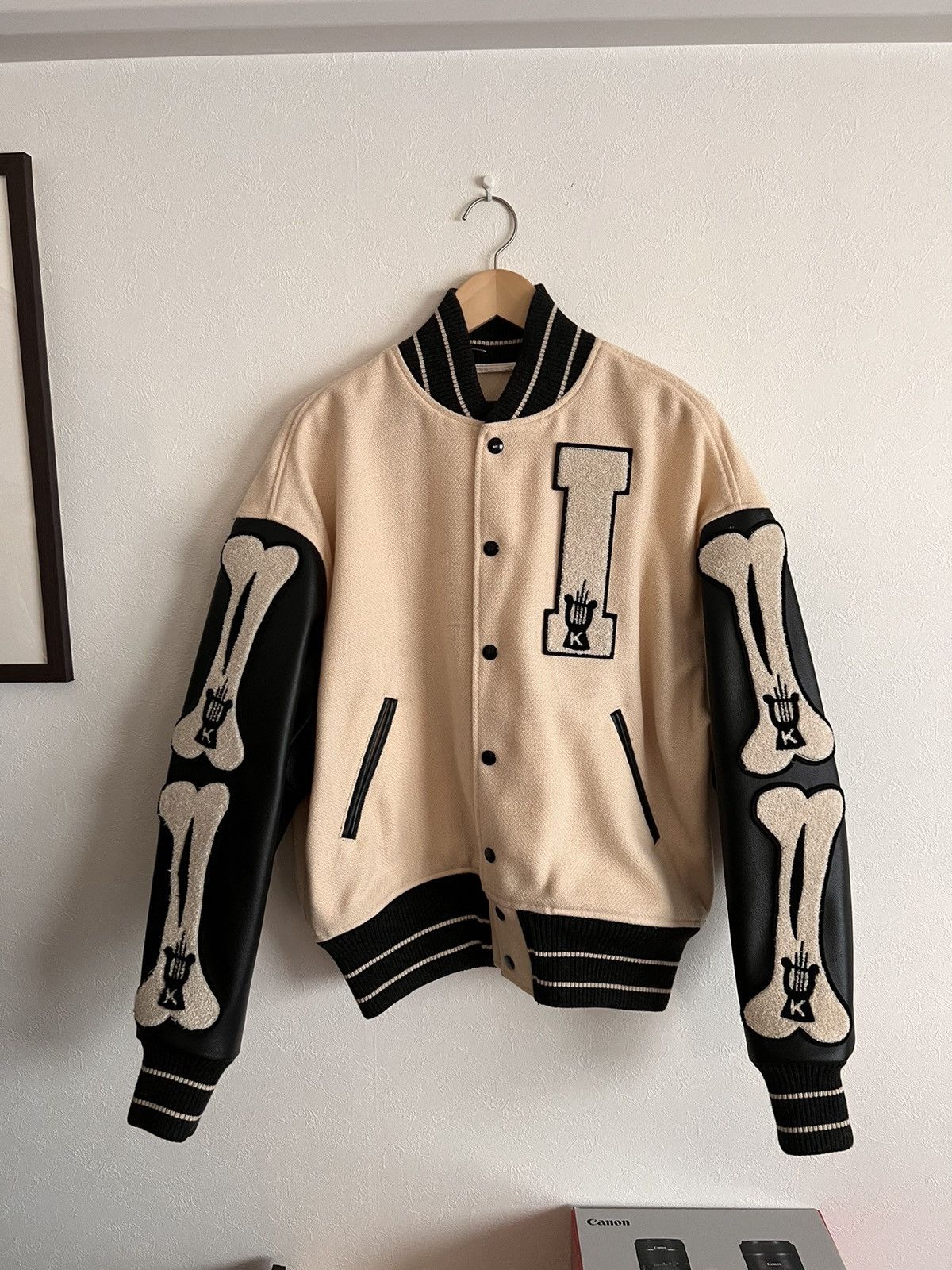 image of Kapital I-Five Bone Varsity Jacket in White, Men's (Size Small)