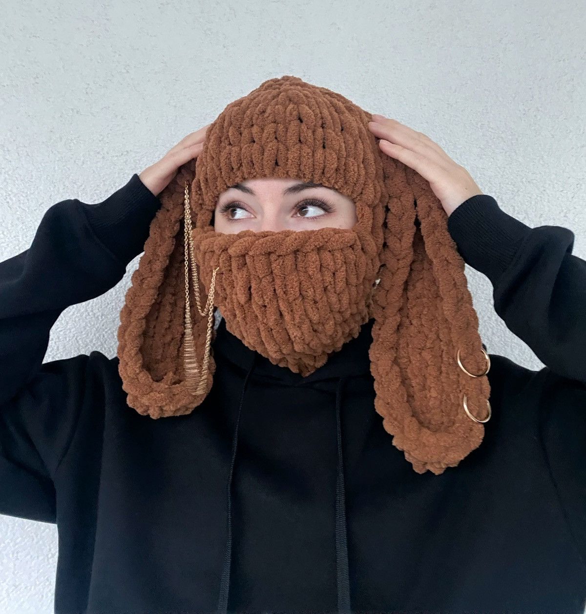 Bunny Balaclava with ears . Hat winter knitted . Ski mask