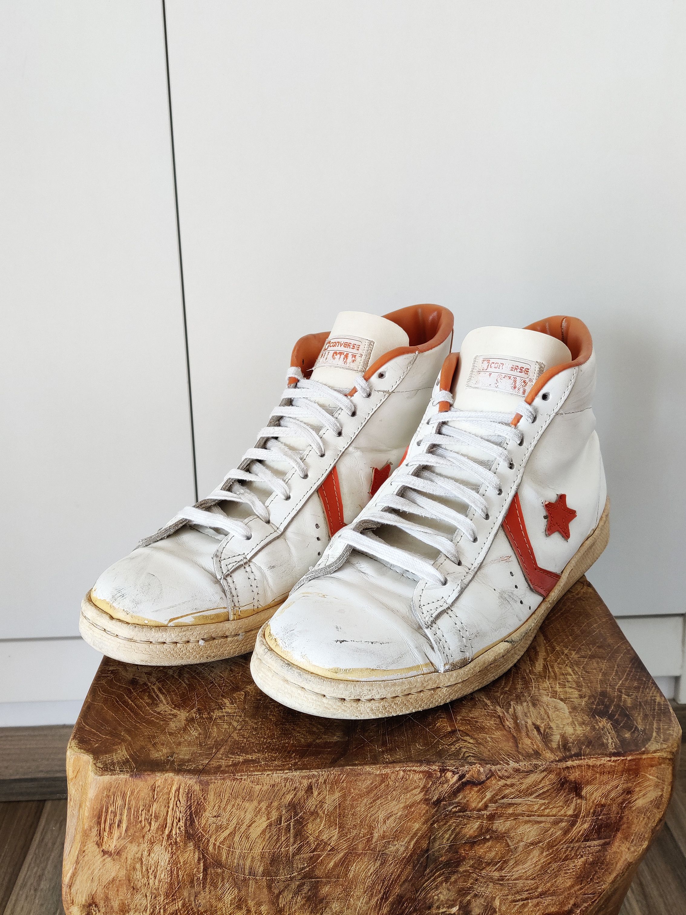 Converse Made In Usa Vintage Vintage 80s Converse Pro Hi Top Leather White Orange Size 11 Grailed