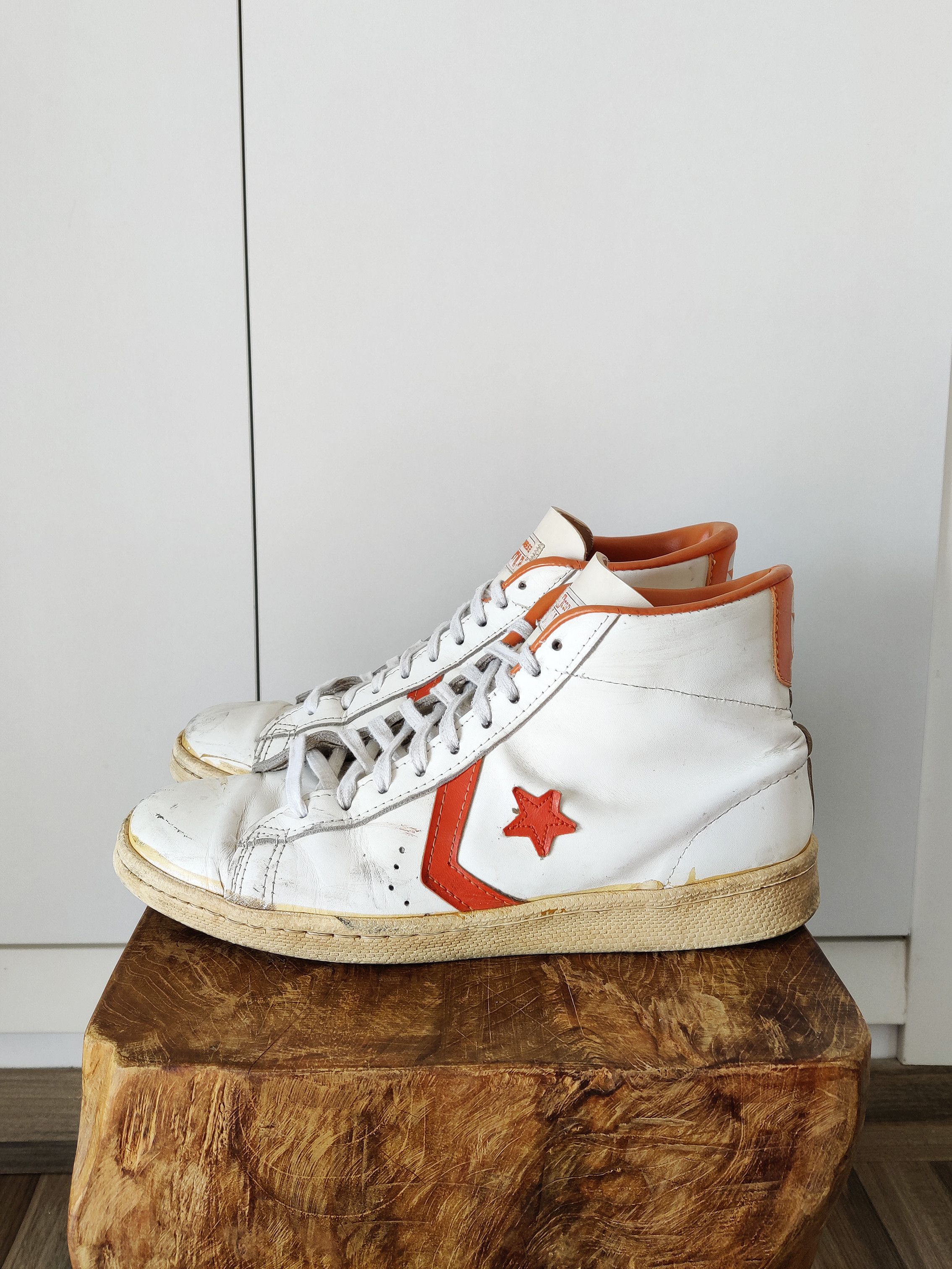 Converse Made In Usa Vintage Vintage 80s Converse Pro Hi Top Leather White Orange Size 11 Grailed