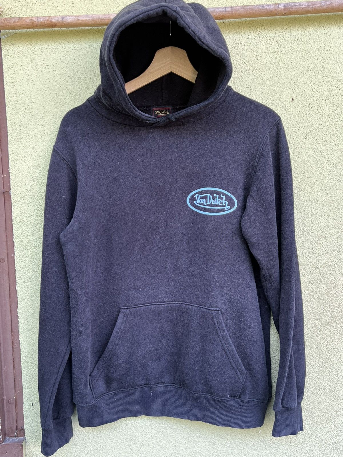 image of Vintage x Von Dutch Sweatshirt Hoodie Spellout Logo in Blue, Men's (Size Small)