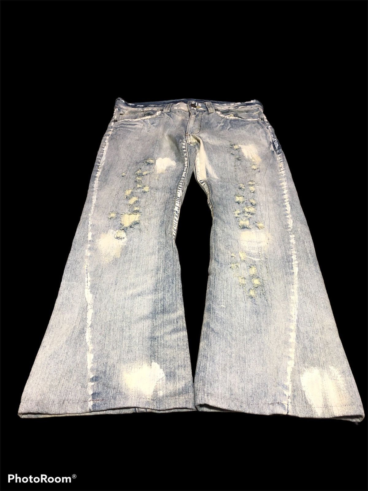Vintage FLARE BOOTCUT BLEACH PAINTED DISTRESSED DENIM Size US 34 / EU 50 - 2 Thumbnail