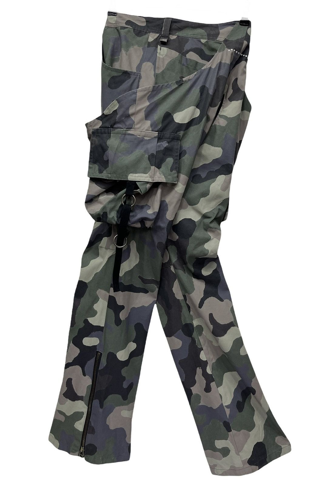 Japanese Brand 🔥Designer Unique Bondage Green Camo Cargo Zipper Leg Flare Size US 31 - 17 Thumbnail