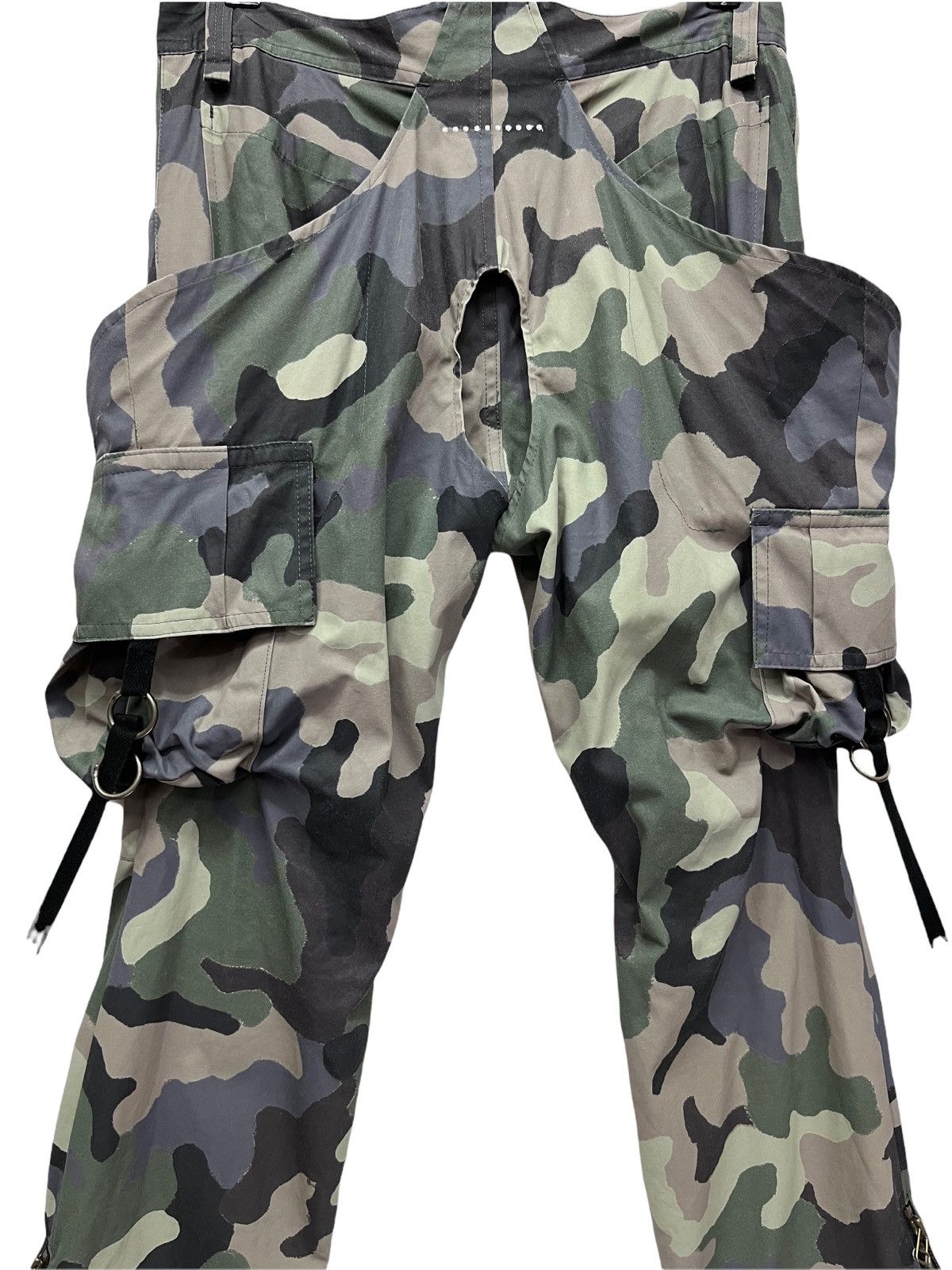 Japanese Brand 🔥Designer Unique Bondage Green Camo Cargo Zipper Leg Flare Size US 31 - 11 Thumbnail