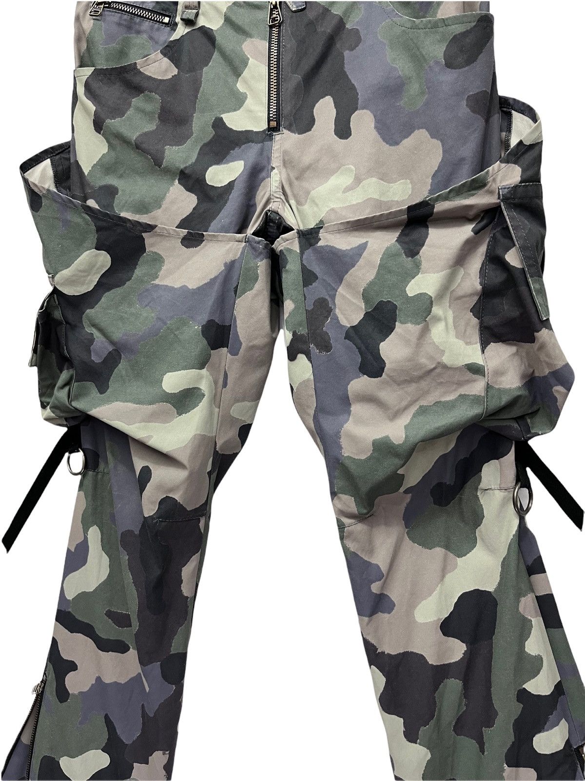 Japanese Brand 🔥Designer Unique Bondage Green Camo Cargo Zipper Leg Flare Size US 31 - 3 Thumbnail