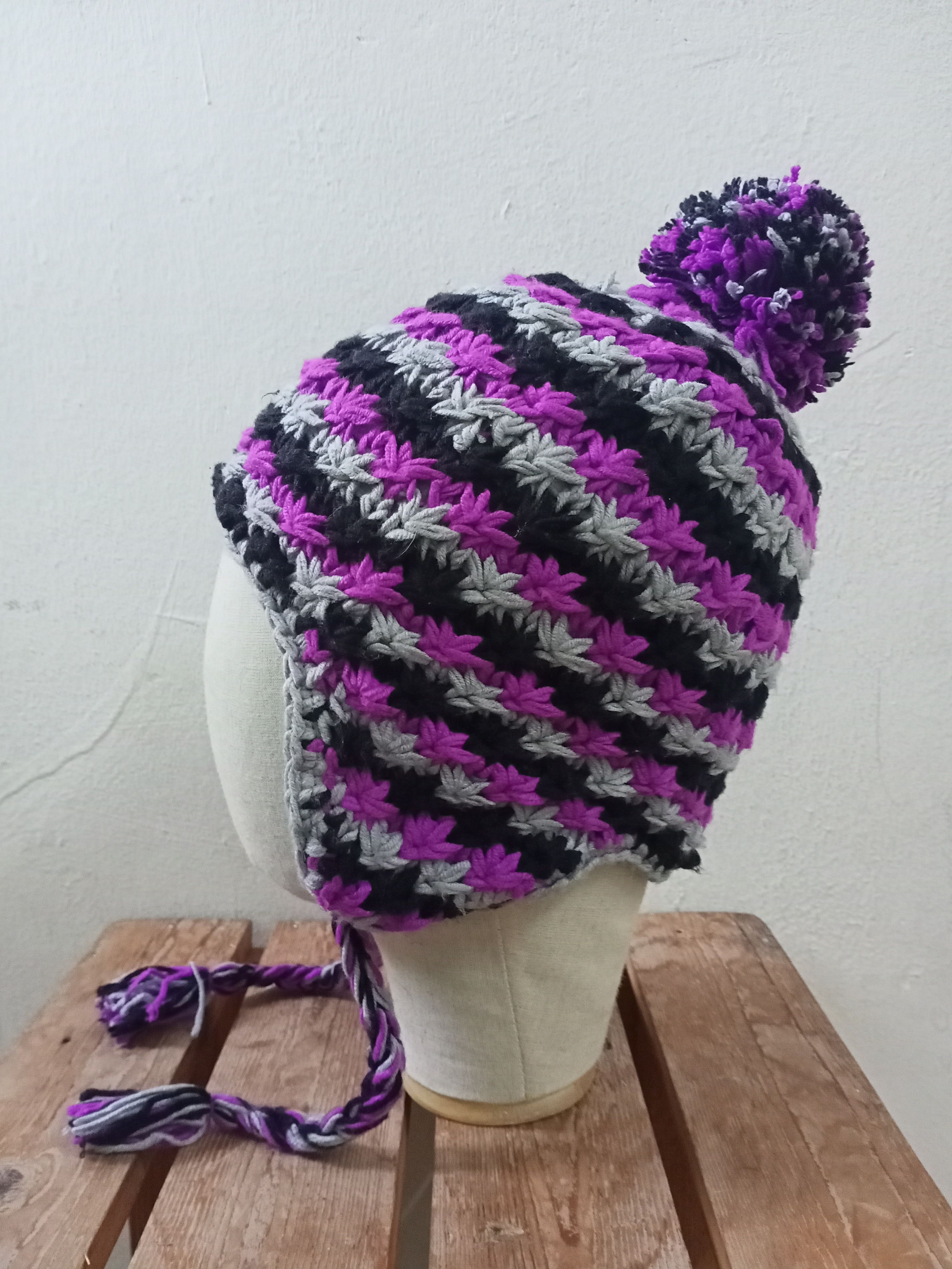 image of Atomic Austria Crochet Ear Flip Pom Beanie Hat in Blue, Men's