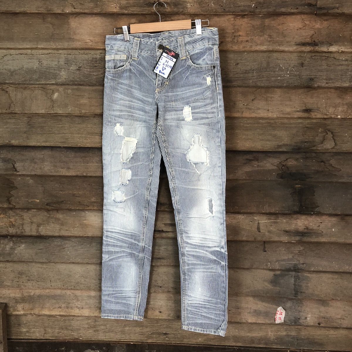 Japanese Brand Love Denim Blue stripe Distressed Denim Pants #5004 Size US 30 / EU 46 - 1 Thumbnail