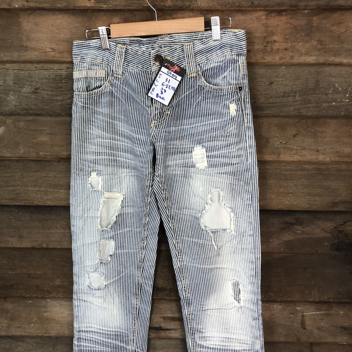 Japanese Brand Love Denim Blue stripe Distressed Denim Pants #5004 Size US 30 / EU 46 - 2 Thumbnail