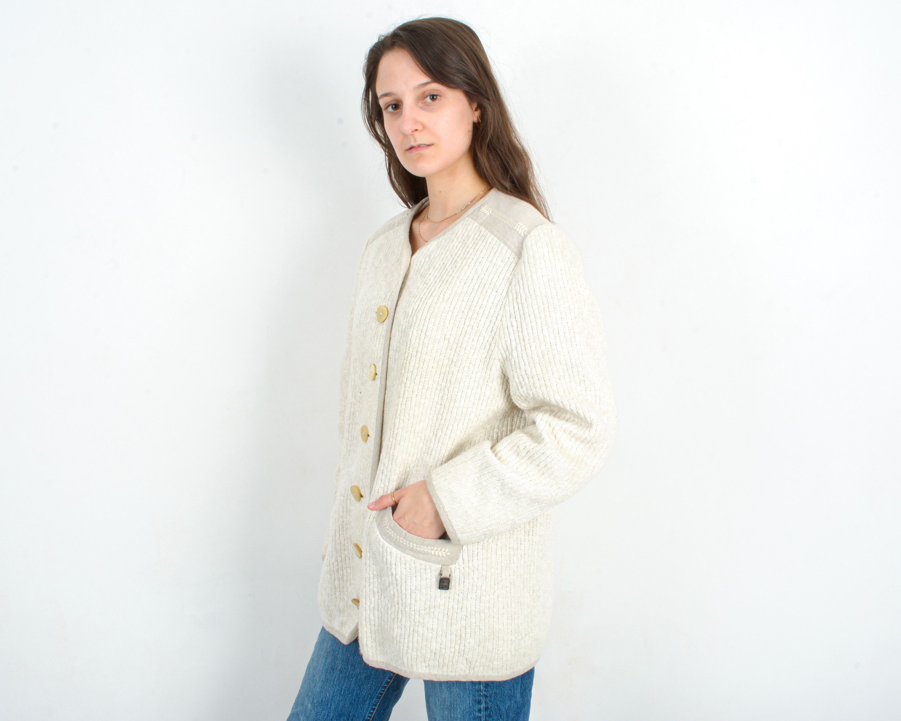 Vintage Cardigan Linen Sweater Jacket Button UK 14 Knit US 10 VTG Size L / US 10 / IT 46 - 3 Thumbnail