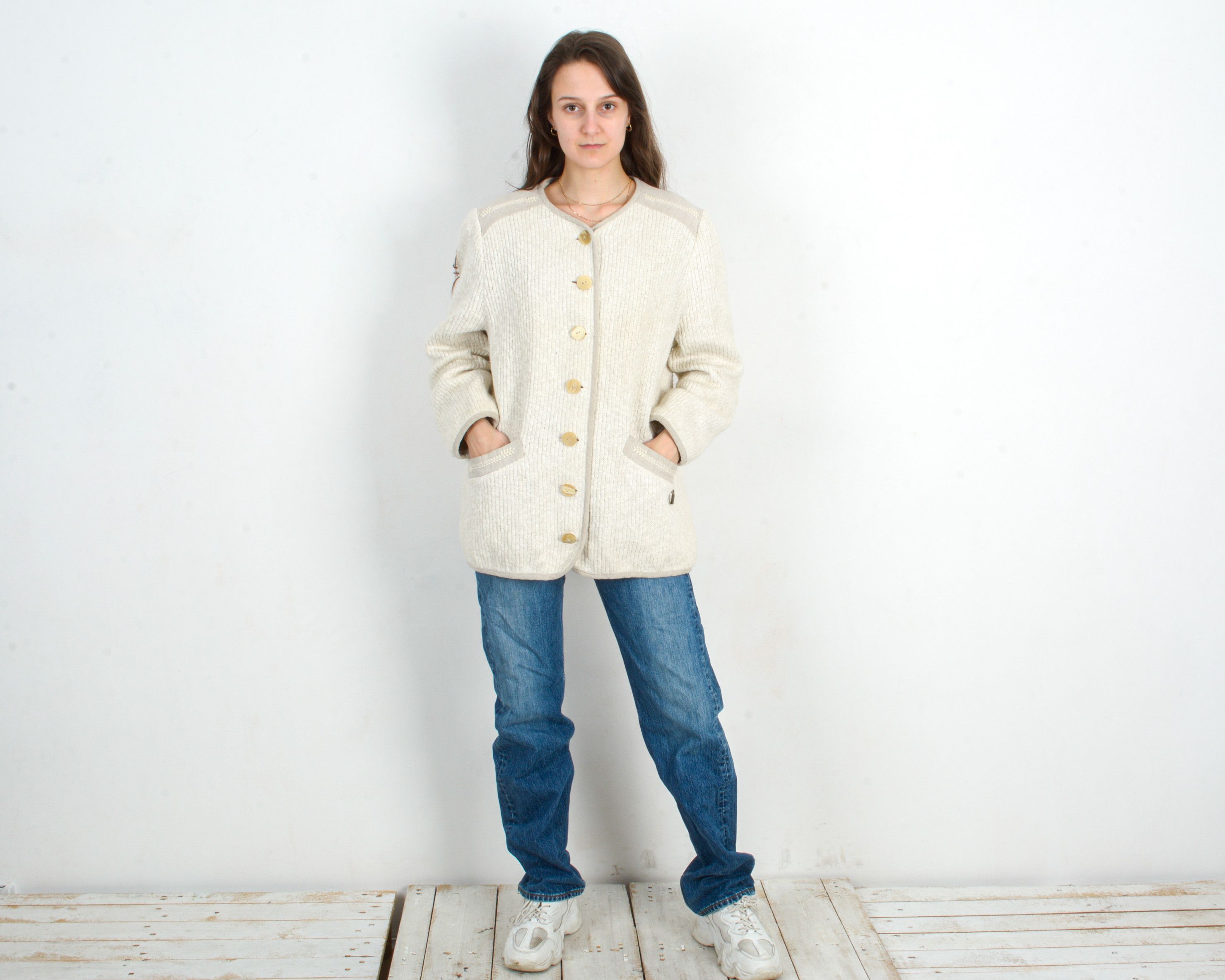 Vintage Cardigan Linen Sweater Jacket Button UK 14 Knit US 10 VTG Size L / US 10 / IT 46 - 1 Thumbnail