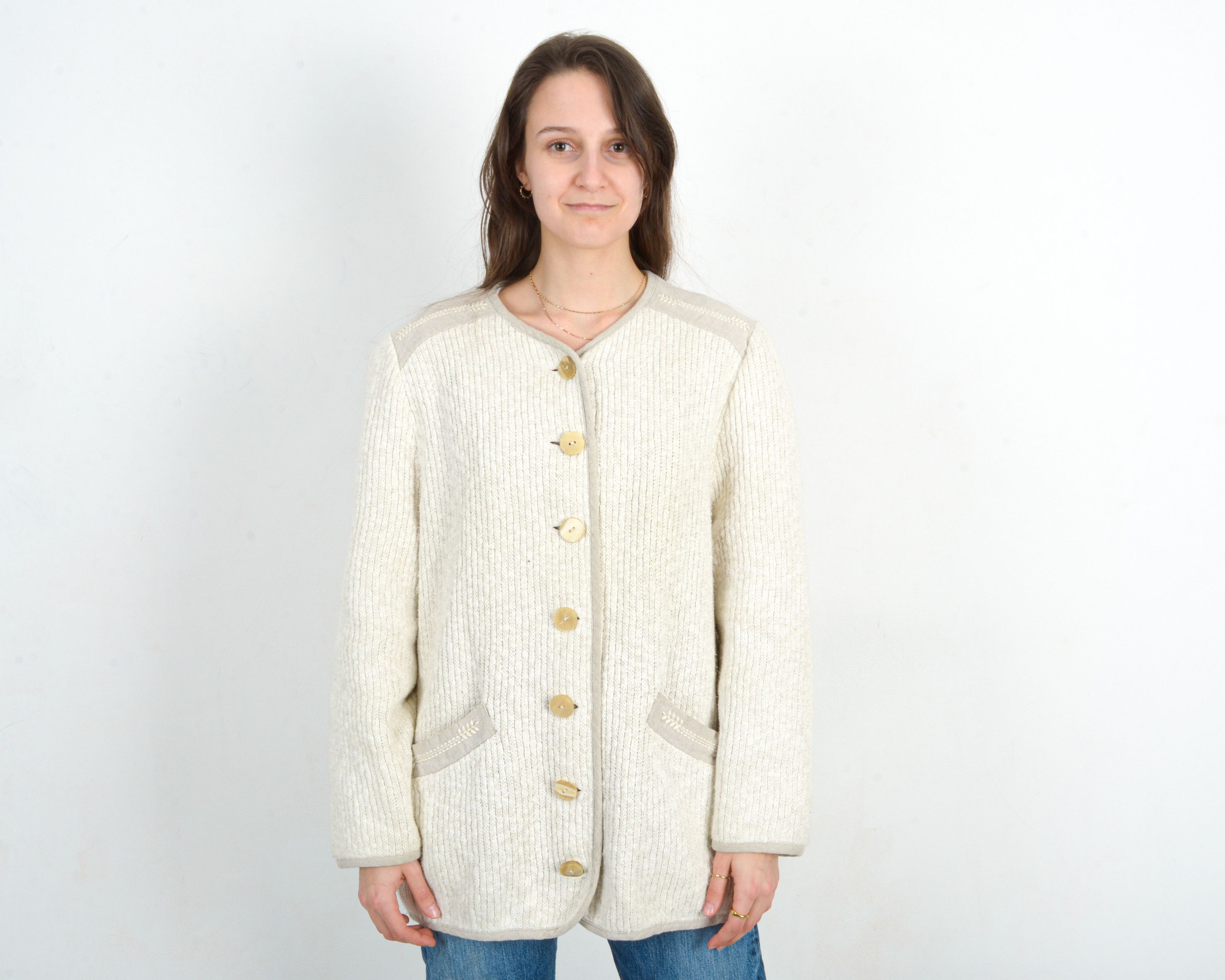 Vintage Cardigan Linen Sweater Jacket Button UK 14 Knit US 10 VTG Size L / US 10 / IT 46 - 2 Thumbnail