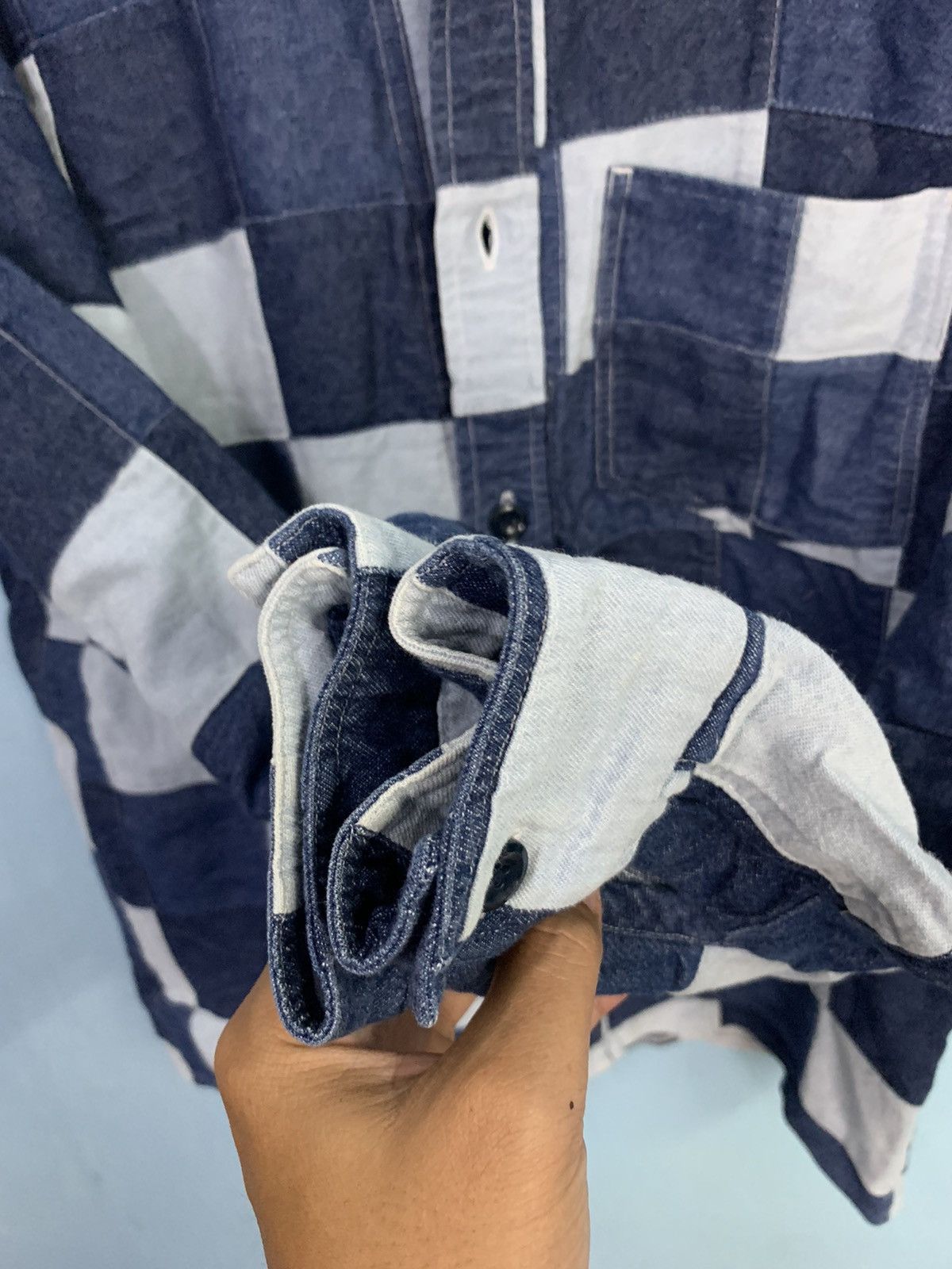 Japanese Brand × Vintage 🔥Rare Design Patchwork Jeans Shirt button up Size US M / EU 48-50 / 2 - 8 Thumbnail
