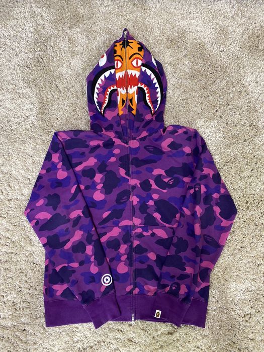 BAPE Color Camo Tiger Shark Wide Full Zip Double Hoodie (SS22) Purple