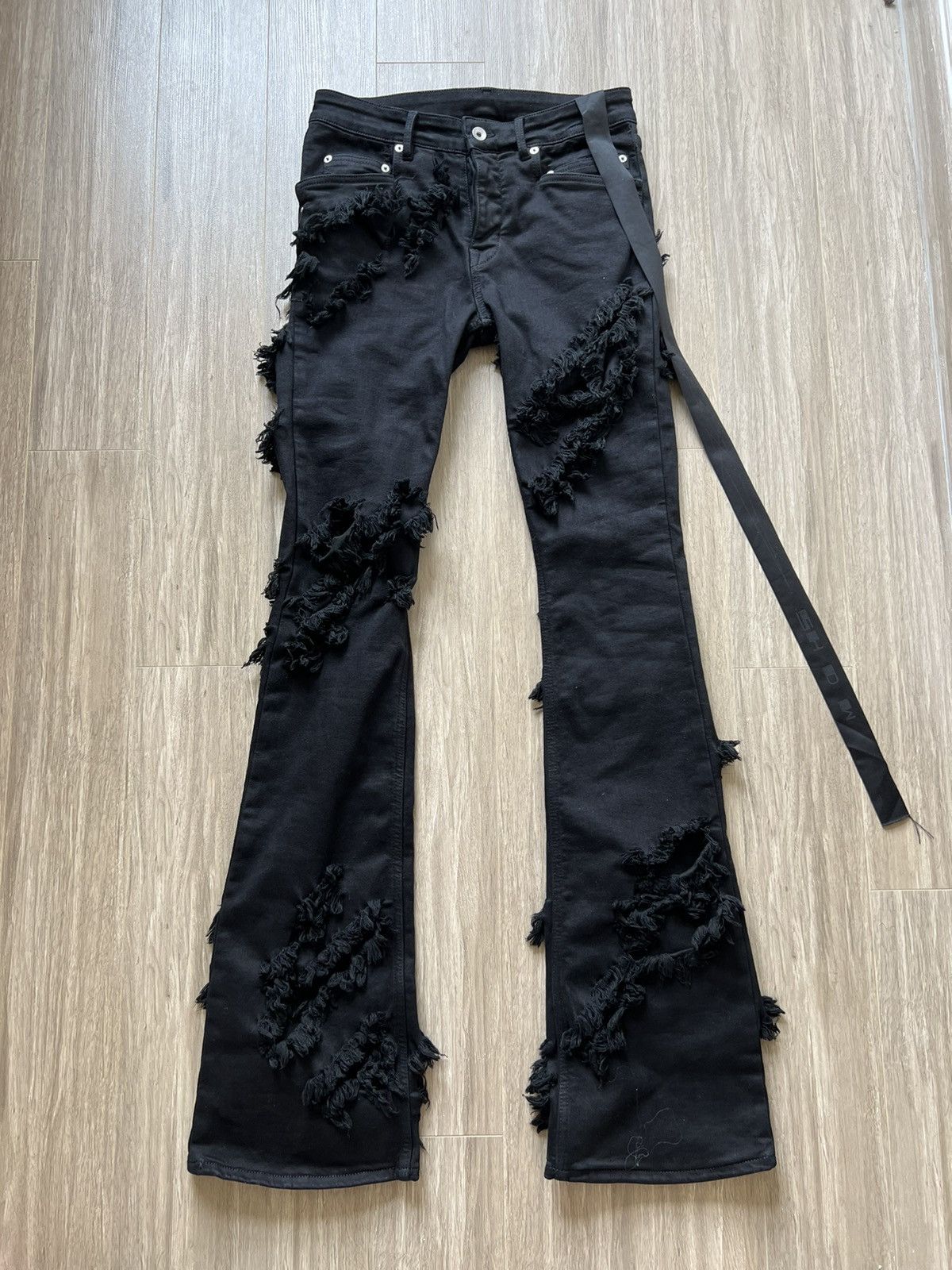 Rick Owens Rick Owens Tyrone Bolan flare destroyed denim | Grailed