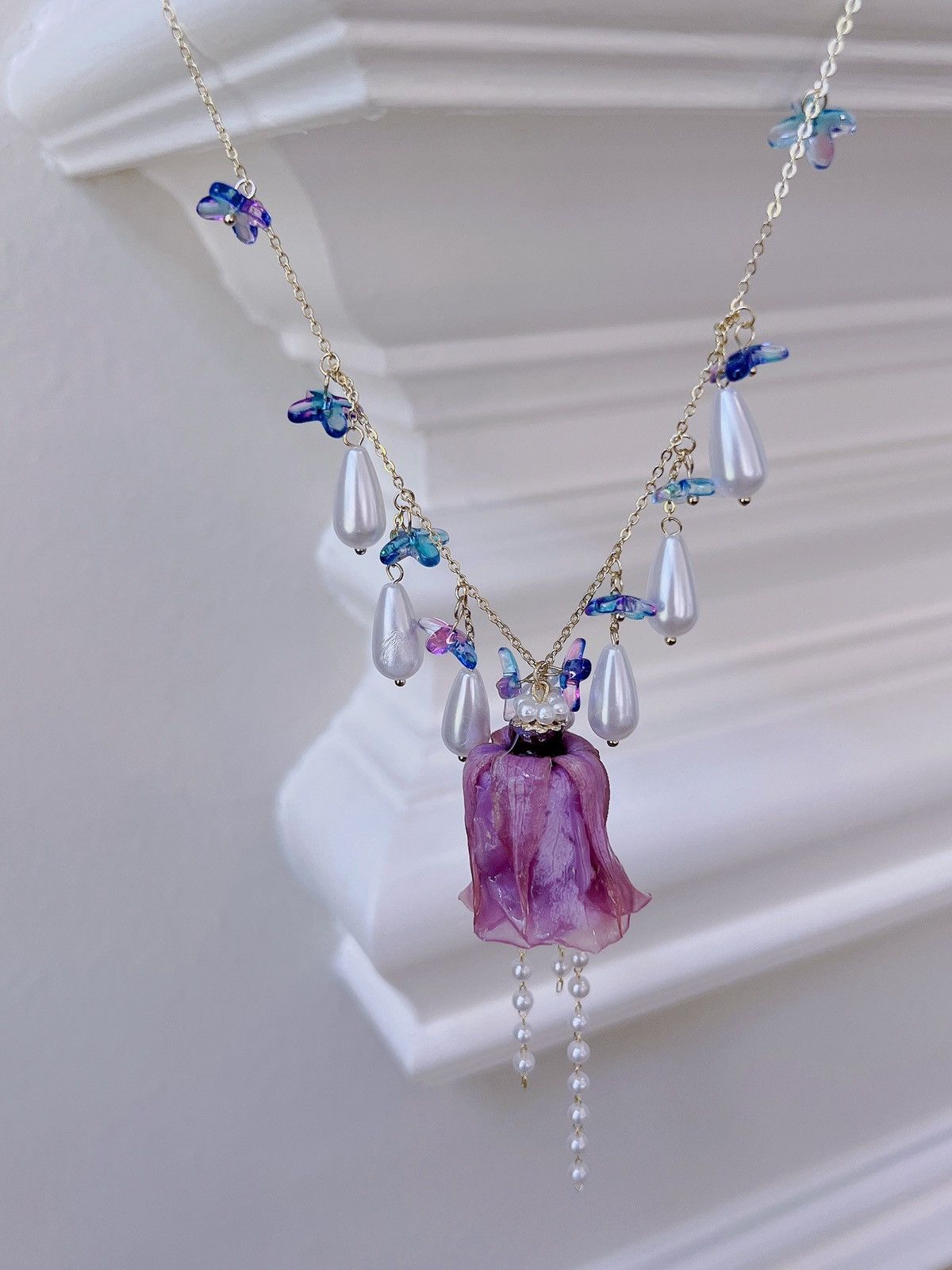 Big Preserved Rose Flower Pearl Necklace