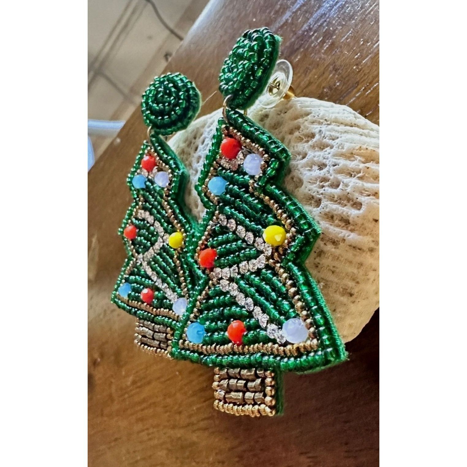 Handmade × Jewelry Beaded Christmas Tree Earrings Handmade embellished Ornament Size ONE SIZE - 9 Thumbnail