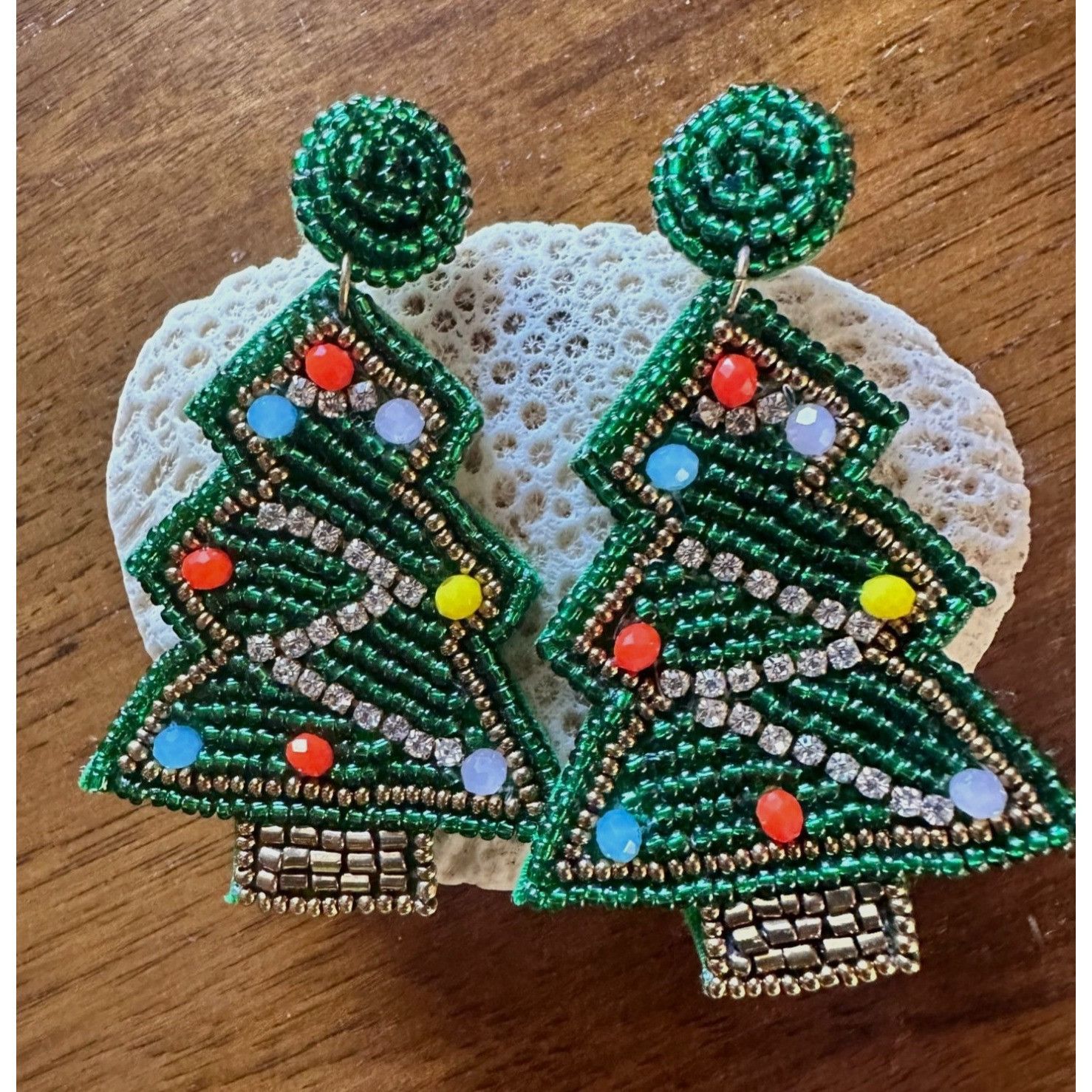 Handmade × Jewelry Beaded Christmas Tree Earrings Handmade embellished Ornament Size ONE SIZE - 8 Thumbnail