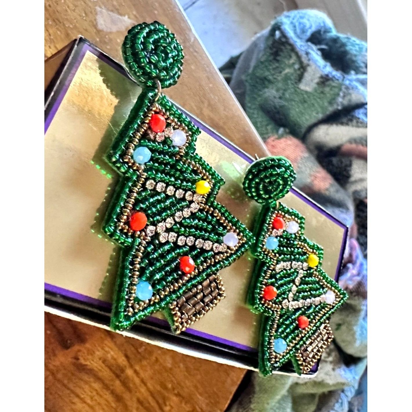 Handmade × Jewelry Beaded Christmas Tree Earrings Handmade embellished Ornament Size ONE SIZE - 4 Thumbnail