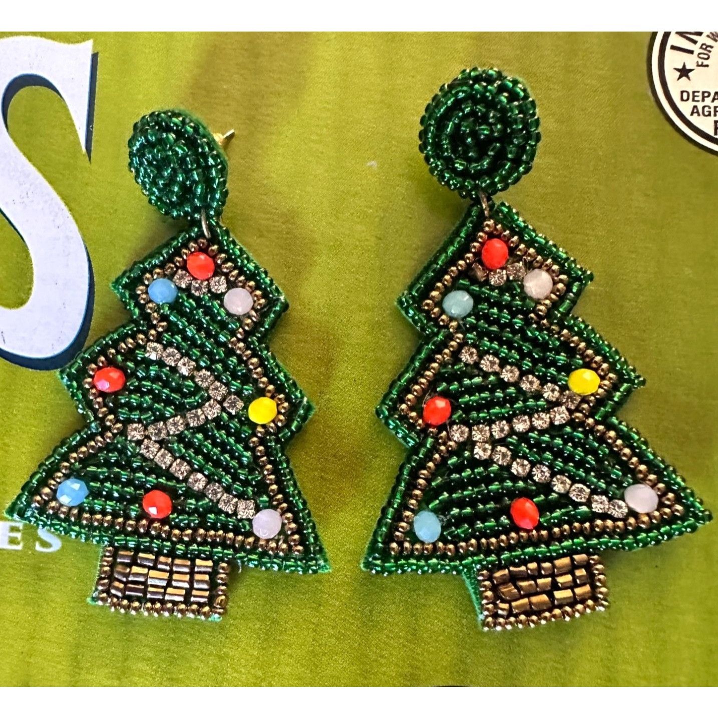 Handmade × Jewelry Beaded Christmas Tree Earrings Handmade embellished Ornament Size ONE SIZE - 7 Thumbnail