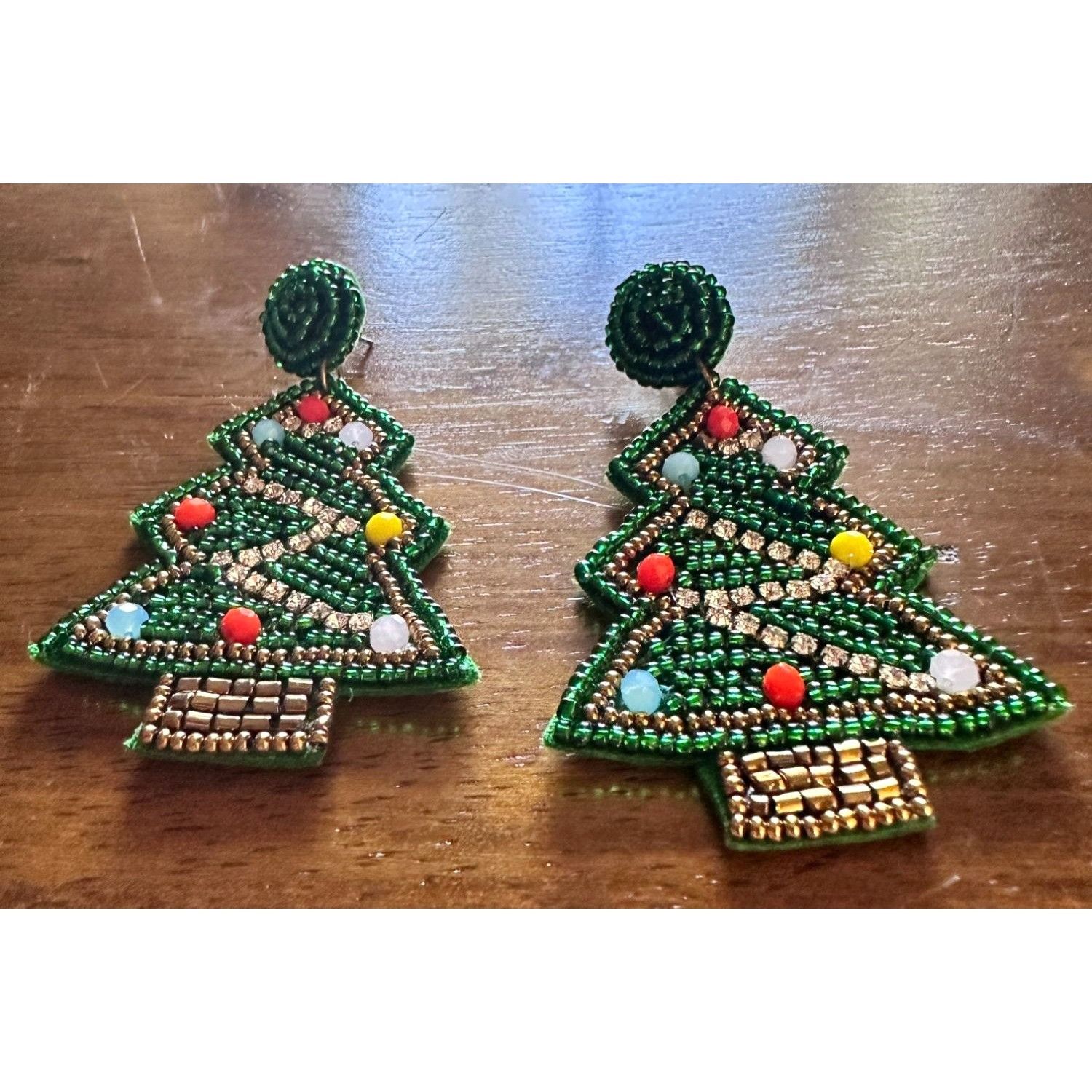 Handmade × Jewelry Beaded Christmas Tree Earrings Handmade embellished Ornament Size ONE SIZE - 6 Thumbnail