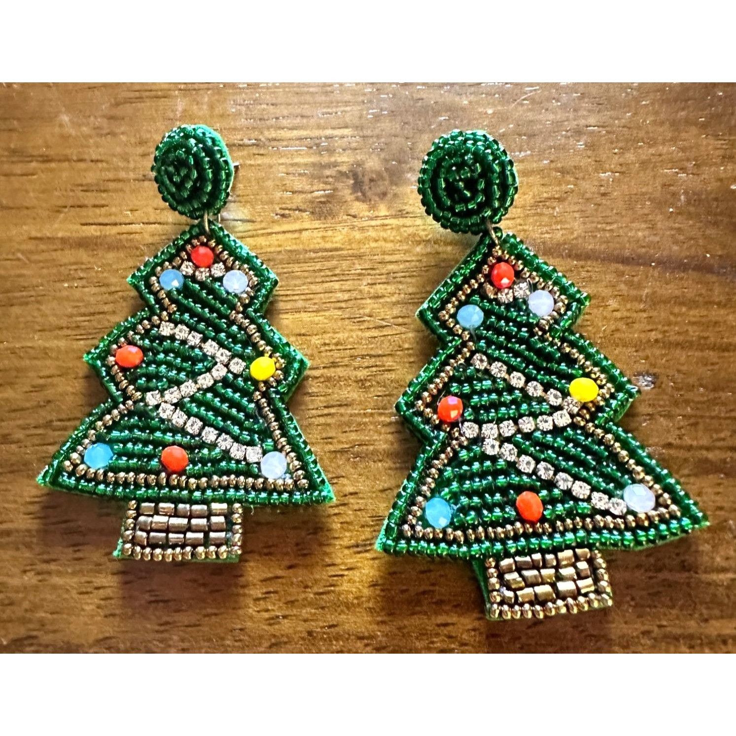 Handmade × Jewelry Beaded Christmas Tree Earrings Handmade embellished Ornament Size ONE SIZE - 5 Thumbnail