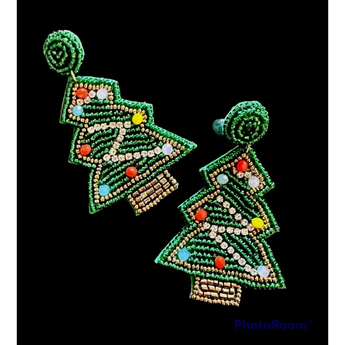 Handmade × Jewelry Beaded Christmas Tree Earrings Handmade embellished Ornament Size ONE SIZE - 2 Thumbnail