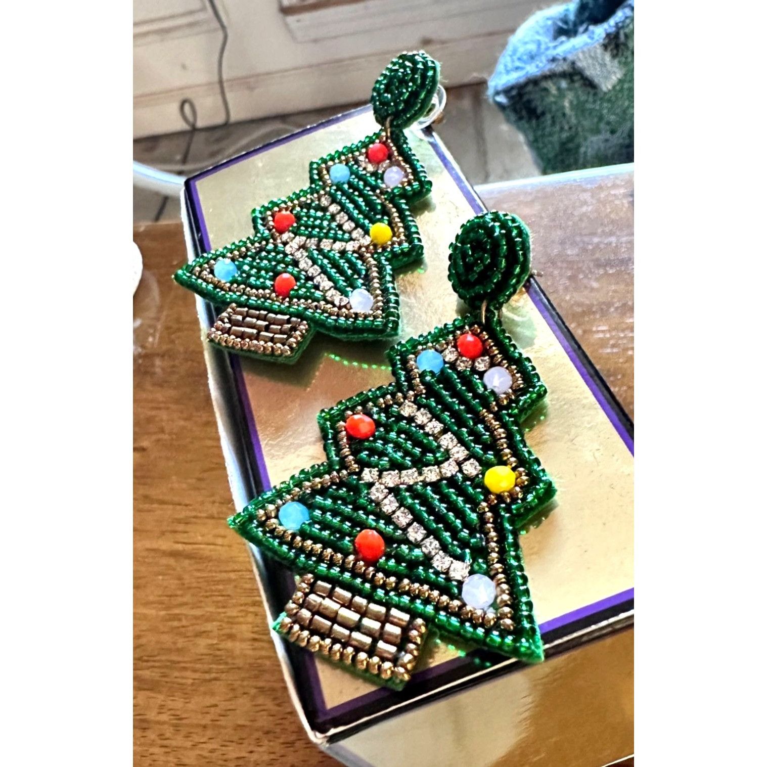 Handmade × Jewelry Beaded Christmas Tree Earrings Handmade embellished Ornament Size ONE SIZE - 3 Thumbnail