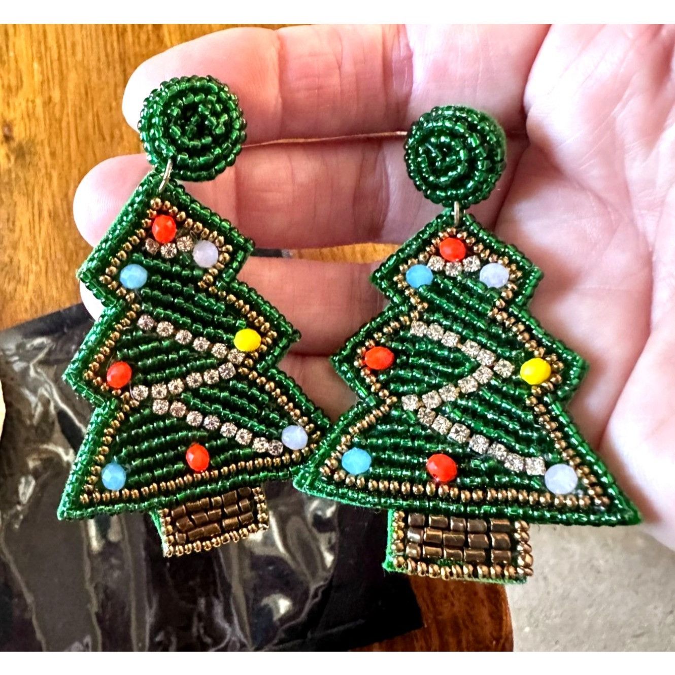 Handmade × Jewelry Beaded Christmas Tree Earrings Handmade embellished Ornament Size ONE SIZE - 1 Thumbnail