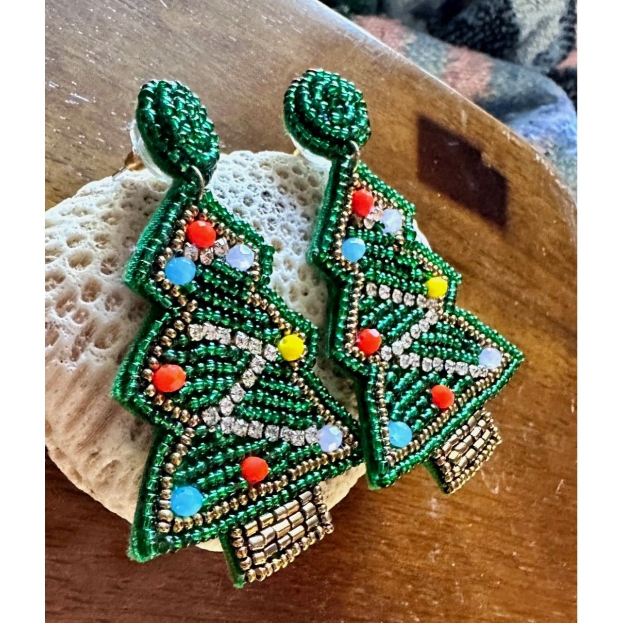 Handmade × Jewelry Beaded Christmas Tree Earrings Handmade embellished Ornament Size ONE SIZE - 10 Thumbnail