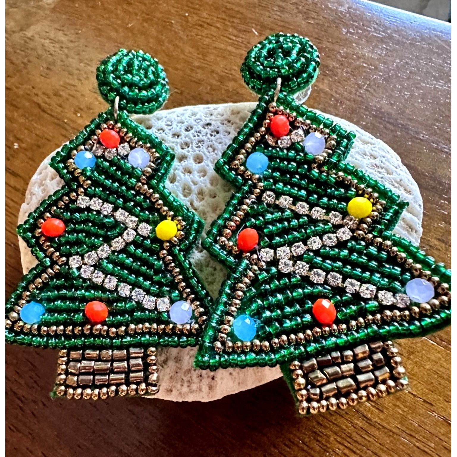 Handmade × Jewelry Beaded Christmas Tree Earrings Handmade embellished Ornament Size ONE SIZE - 11 Thumbnail