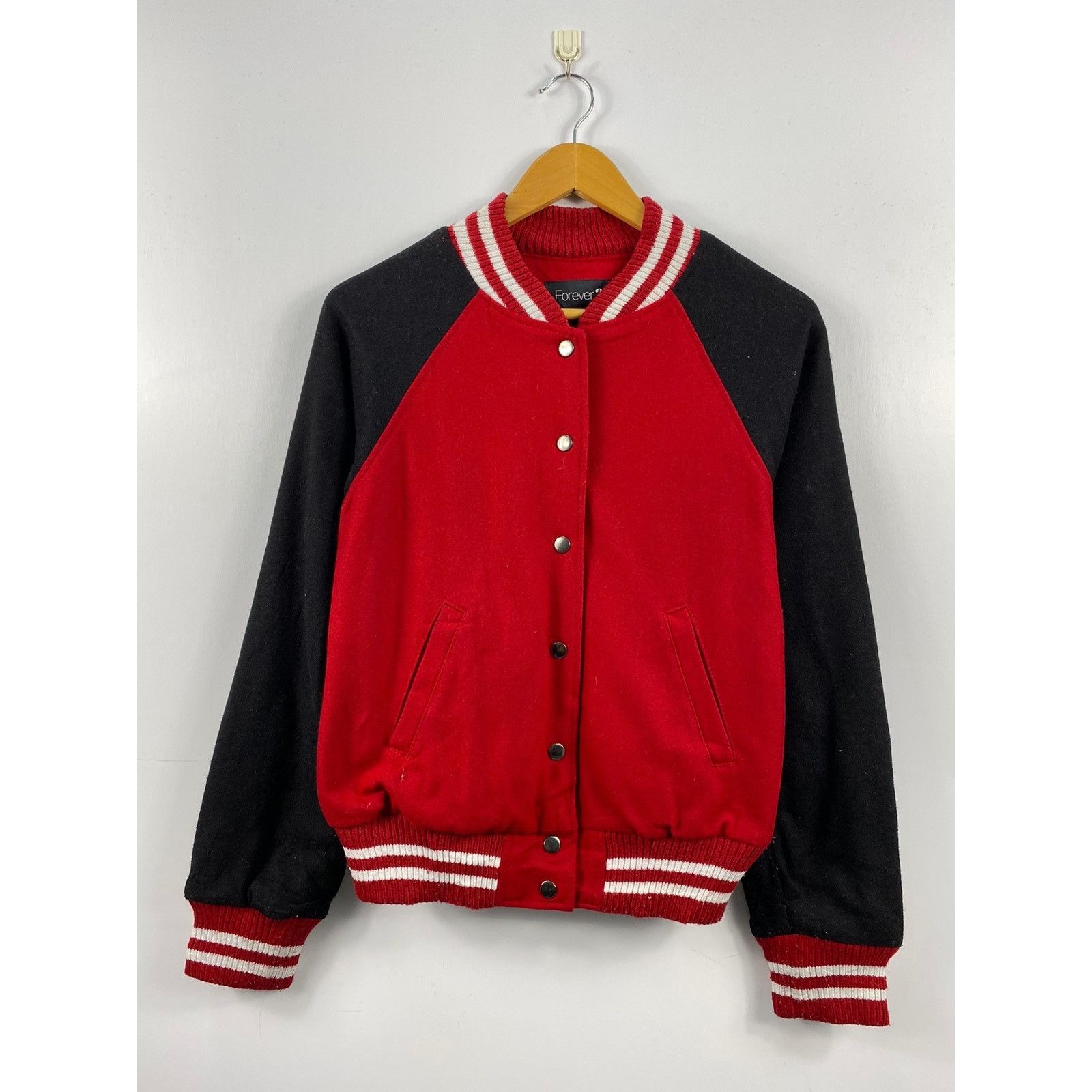 image of Forever 21 Varsity Jacket Red Wool, Men's (Size Medium)