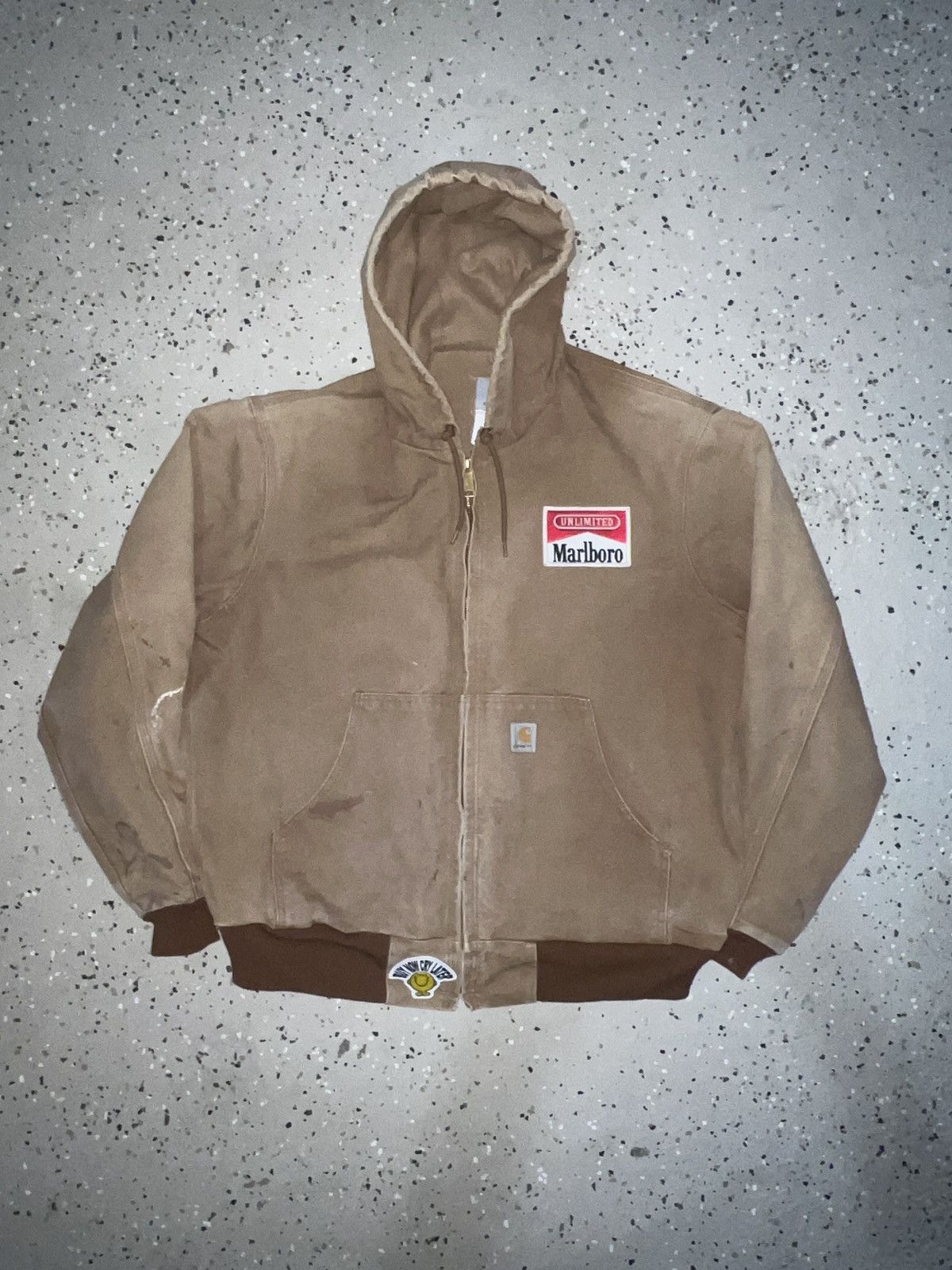 Distressed x carhartt x marlboro jacket