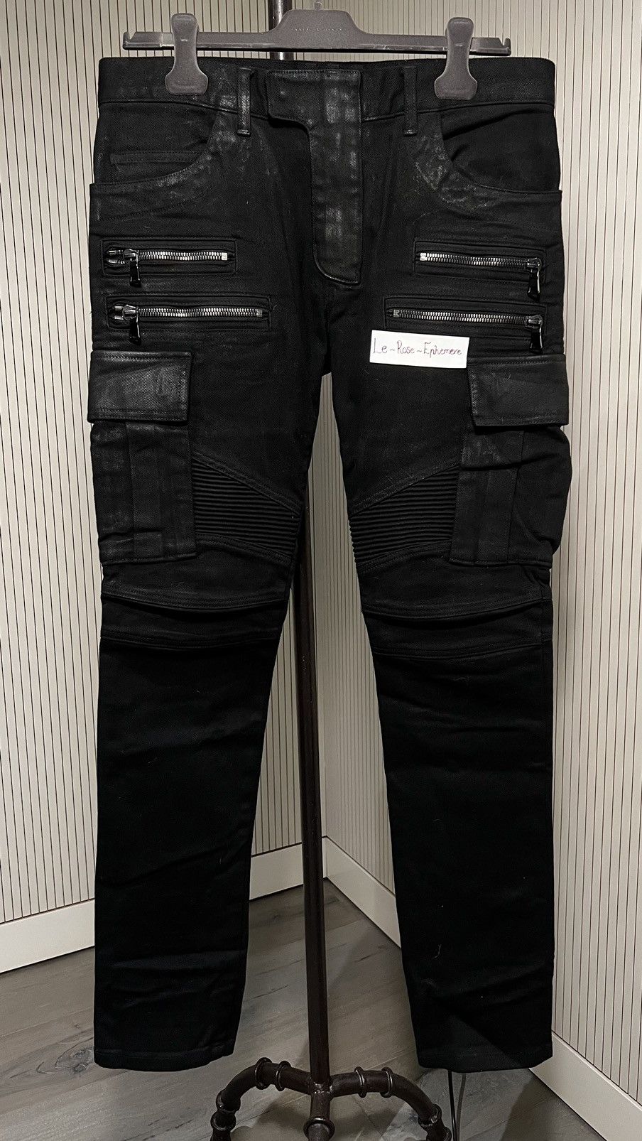 Balmain Balmain Double Zip Black Coated Cargo Biker Pants | Grailed