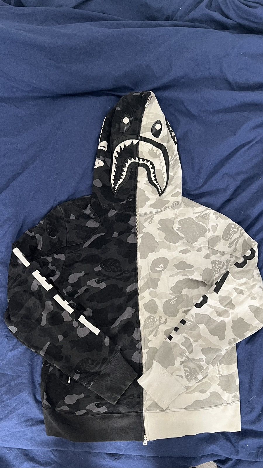 BAPE x Neighborhood Split Camo Shark Full Zip Hoodie Black/White