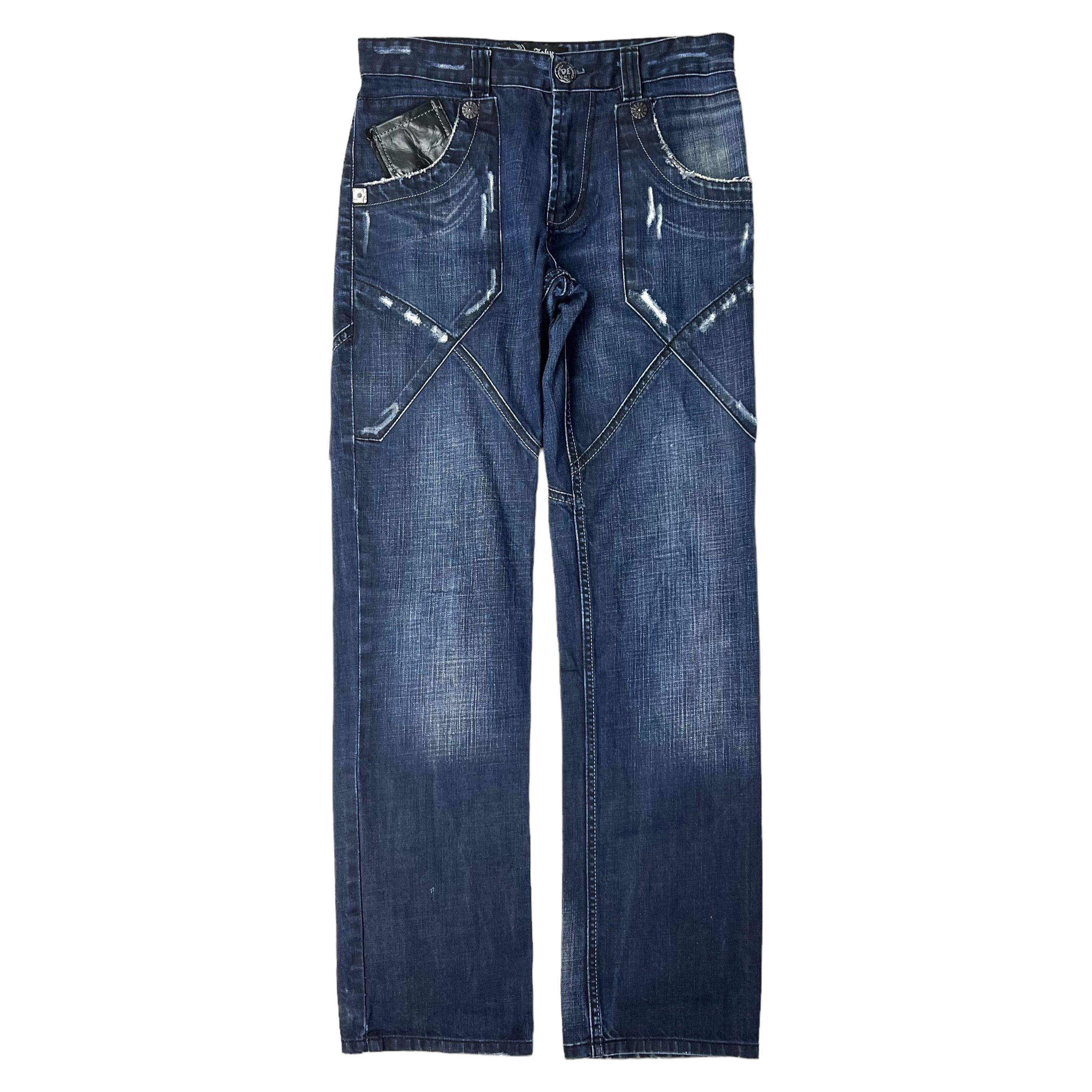 John Galliano X-Cross Leather Double 3D Pocket Distressed Denim Size US 30 / EU 46 - 1 Thumbnail