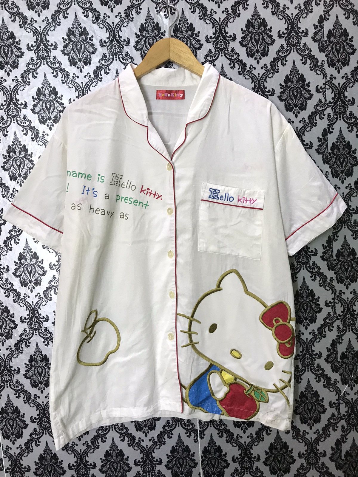Japanese Brand HELLO KITTY EMBROIDERY BIG LOGO APPLE BUTTON UP SHIRT ...