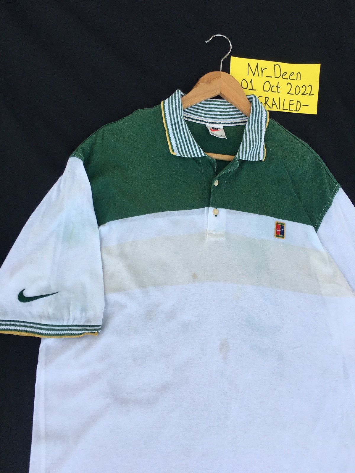 Swoosh Logo Swoosh Collared Shirt Nike Sportswear Swoosh Rugby Shirt Mens M  Gray White Stripe Polo