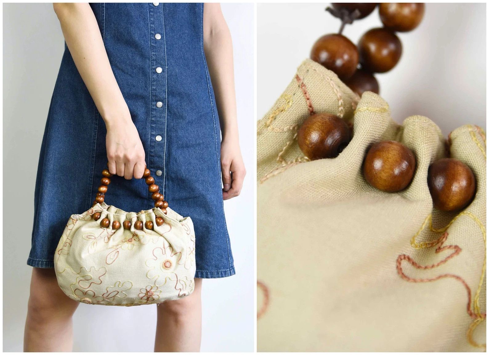 Other × Vintage Vintage Boho Wooden Beads Handles Embroidered Handbag Purse Size ONE SIZE - 2 Thumbnail