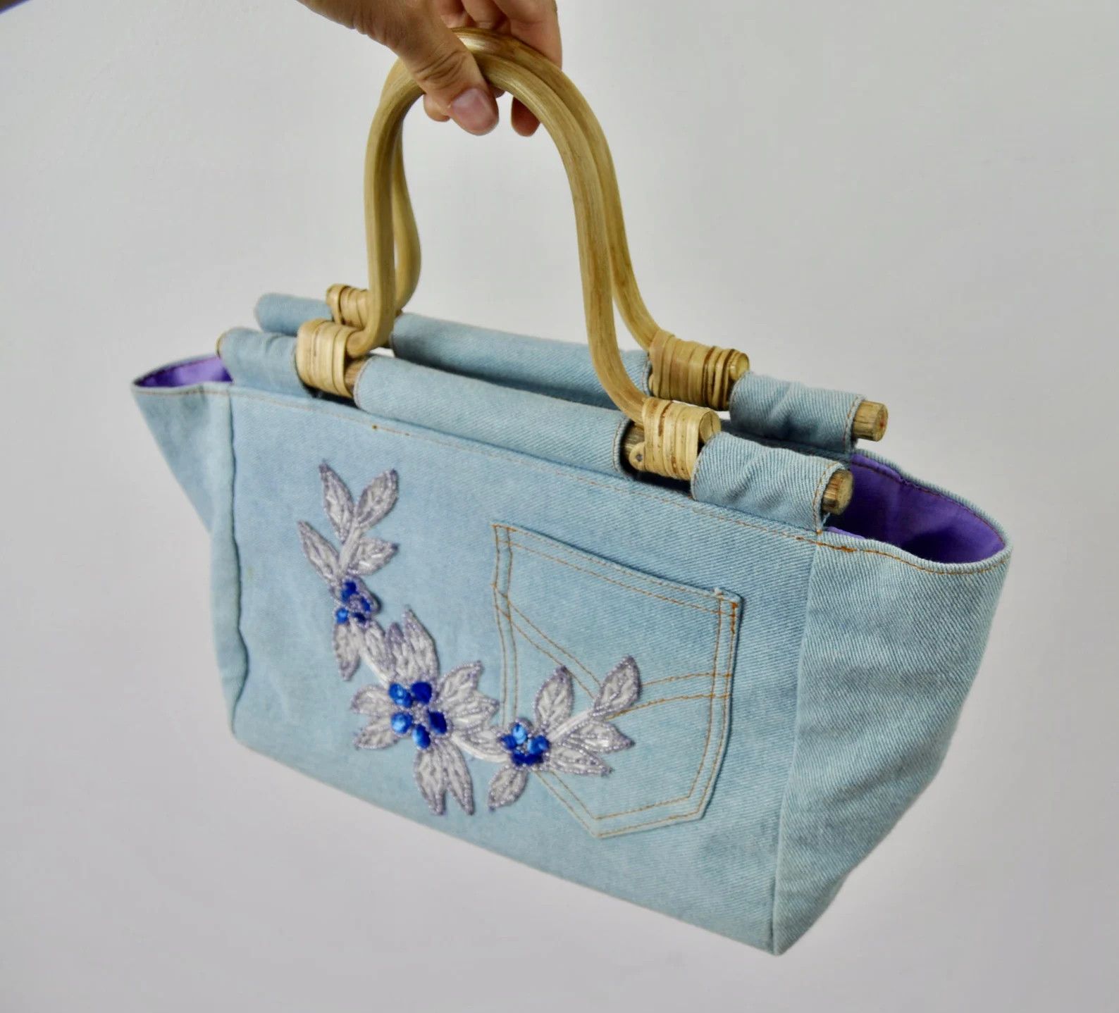 Other × Vintage Y2K Denim Wooden Handles Handbag Floral Beads Jeans Bag Size ONE SIZE - 3 Thumbnail
