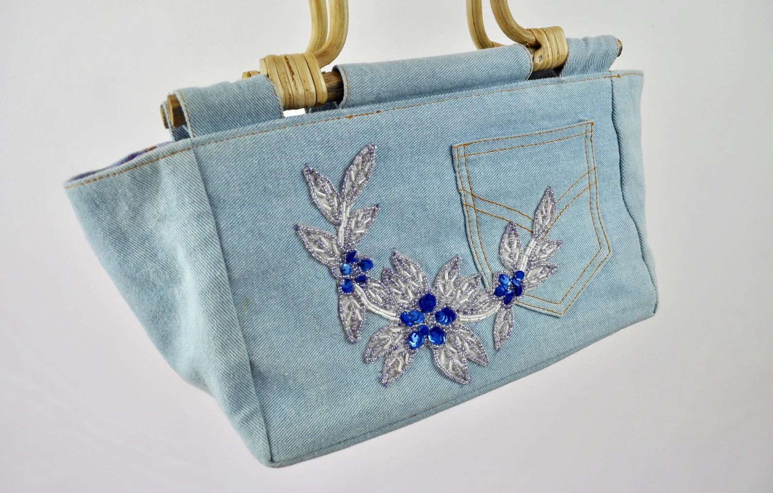 Other × Vintage Y2K Denim Wooden Handles Handbag Floral Beads Jeans Bag Size ONE SIZE - 4 Thumbnail