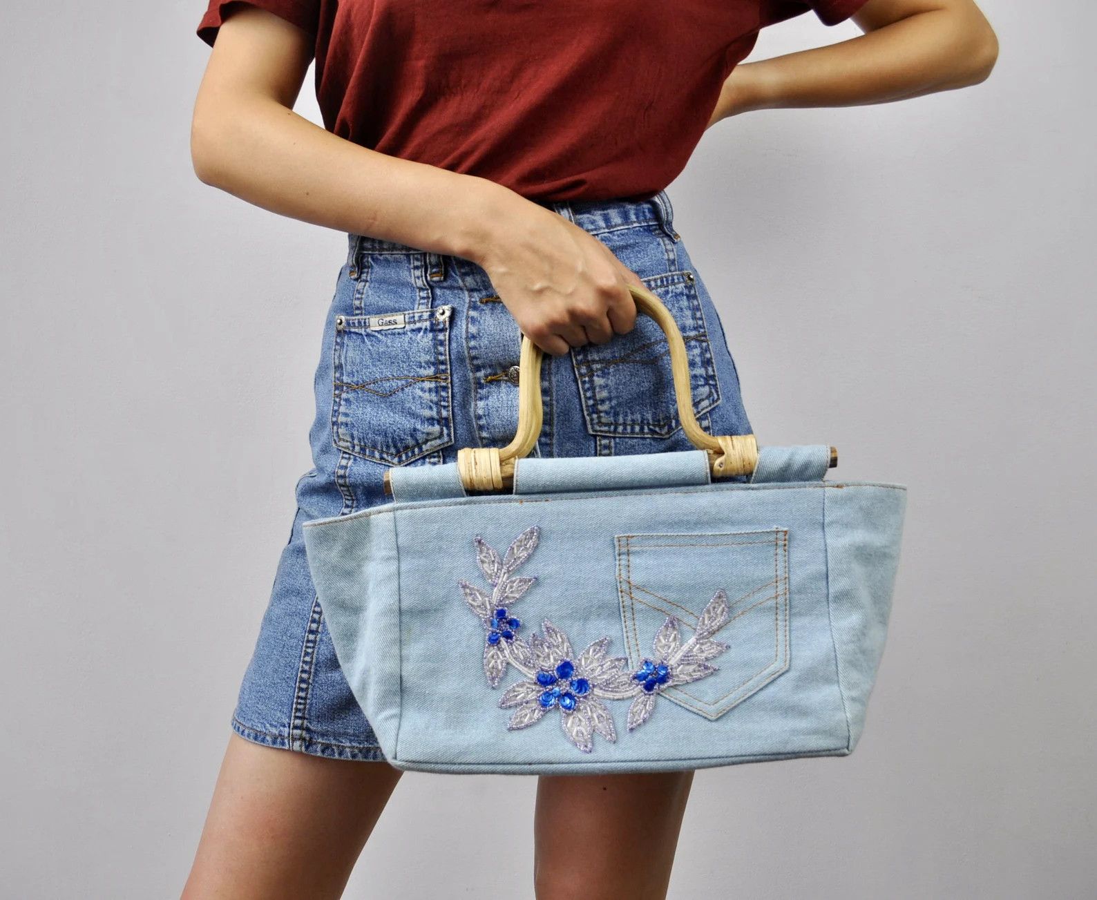 Other × Vintage Y2K Denim Wooden Handles Handbag Floral Beads Jeans Bag Size ONE SIZE - 1 Thumbnail