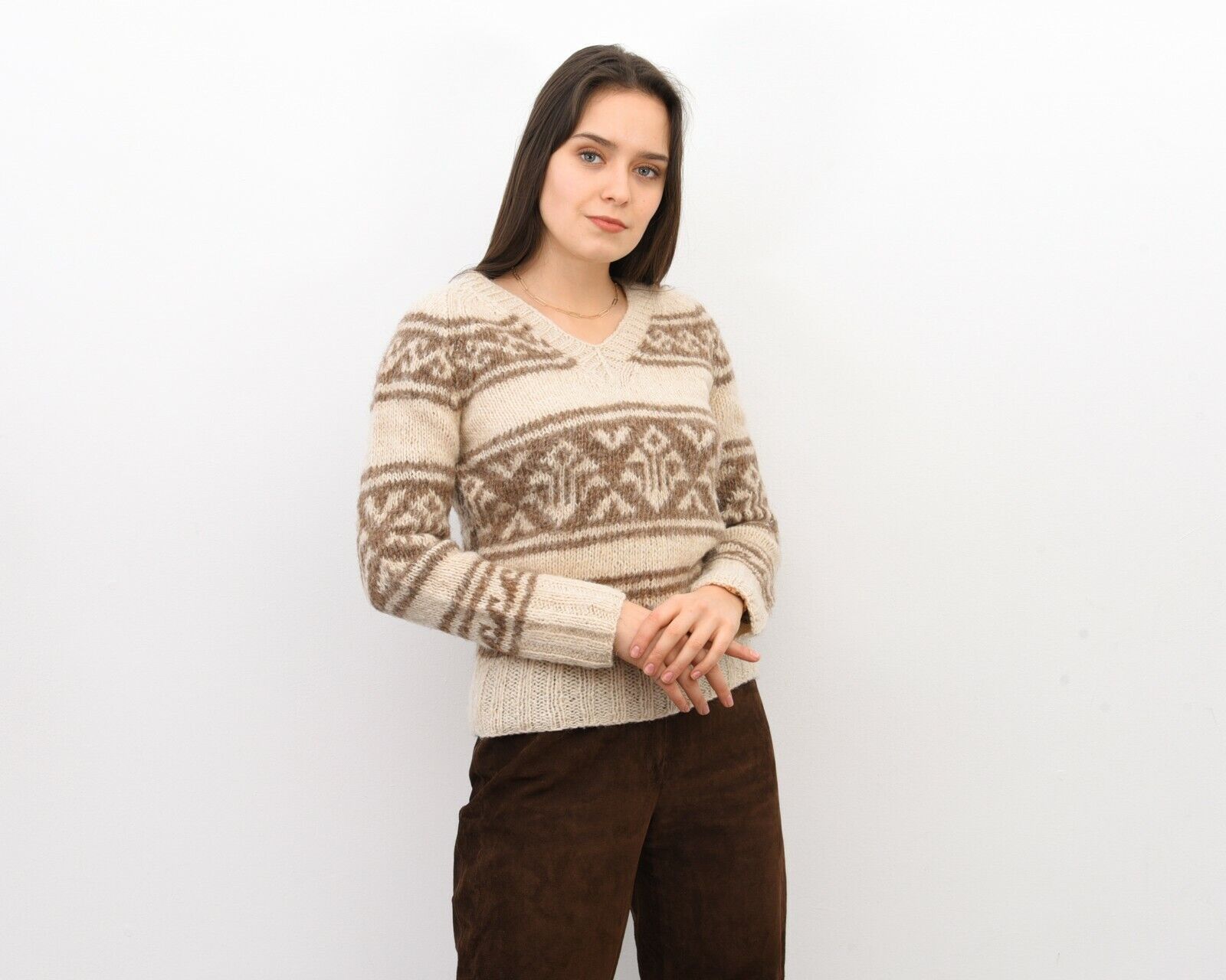 Handmade × Vintage Ethnic Handmade Wool Sweater Jumper Pullover Aztec Size M / US 6-8 / IT 42-44 - 4 Thumbnail