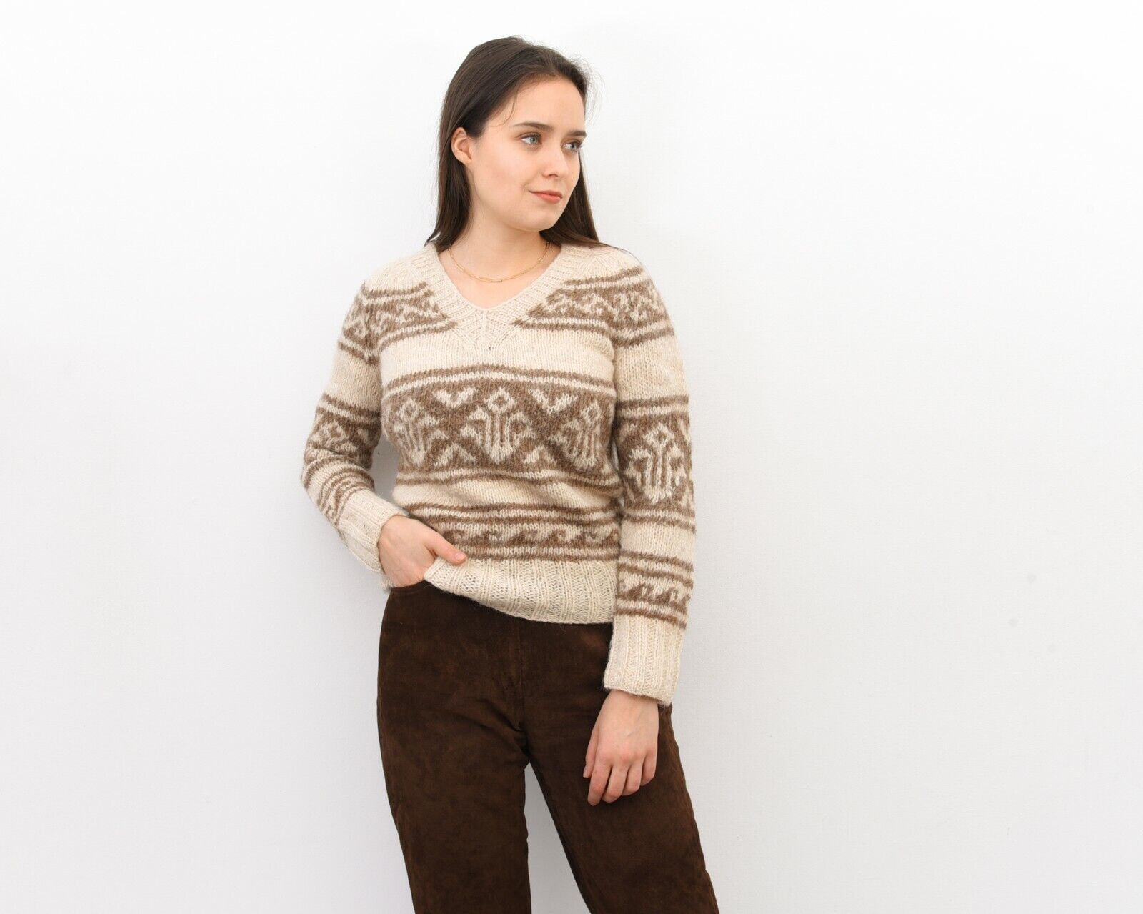 Handmade × Vintage Ethnic Handmade Wool Sweater Jumper Pullover Aztec Size M / US 6-8 / IT 42-44 - 2 Thumbnail