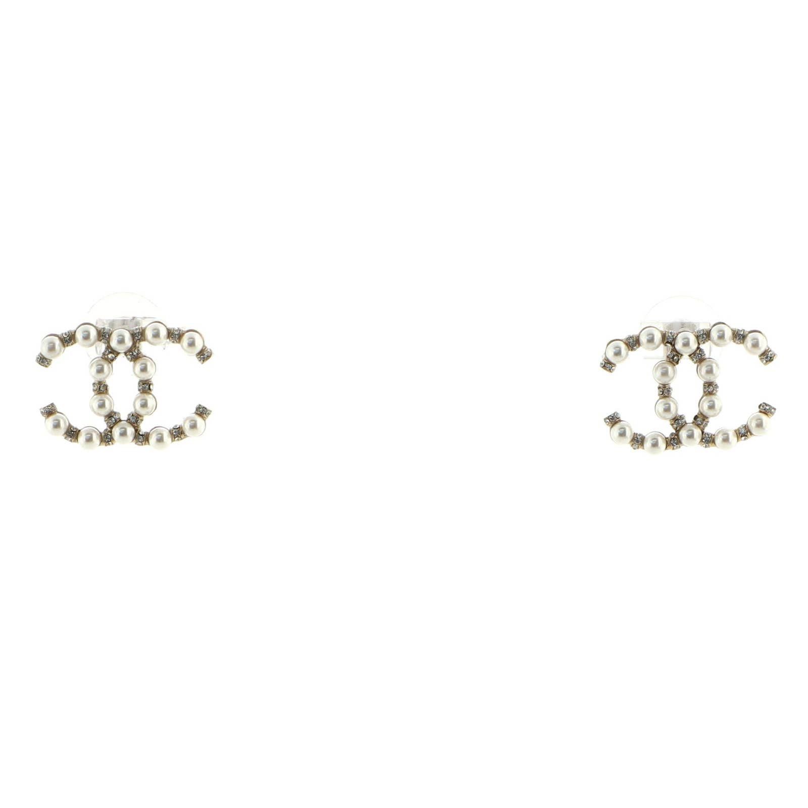 CHANEL 26S DOUBLE C LOGO PEARL & PAVE CRYSTAL STUD EARRINGS IN GOLD METAL 633340 main image 1