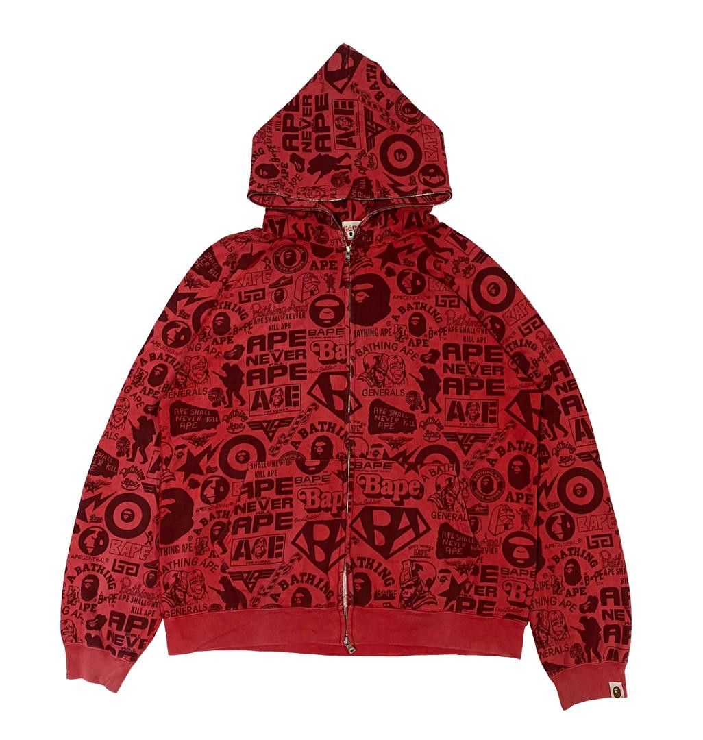 Pre-owned Bape Newspaper Logo Full Zip Hoodie In Red