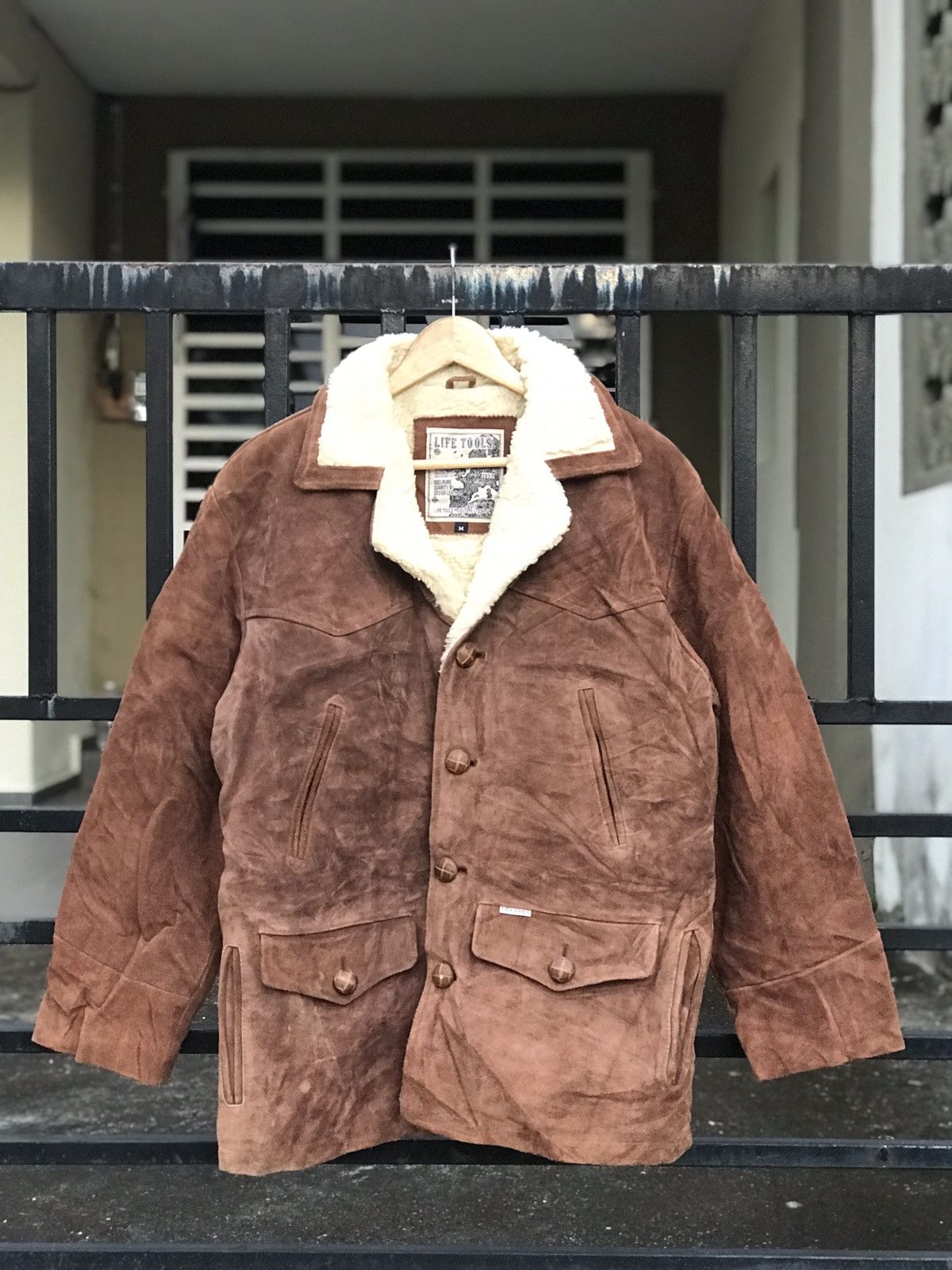 image of Vintage Life Tools Sherpa Leather Suede Jacket in Brown, Men's (Size Medium)